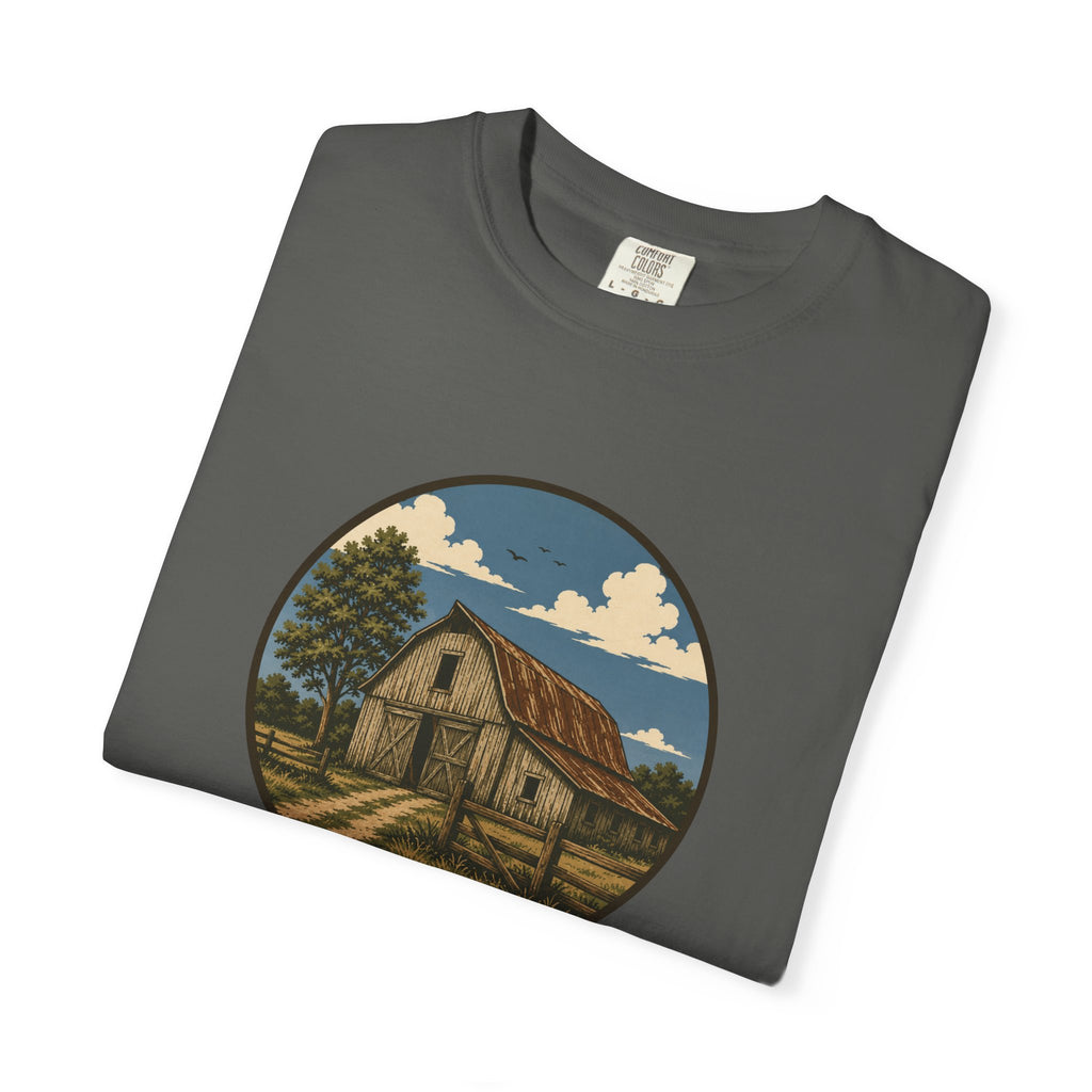 Barn Scene T-Shirt — Rustic Farmhouse Circle Graphic Tee