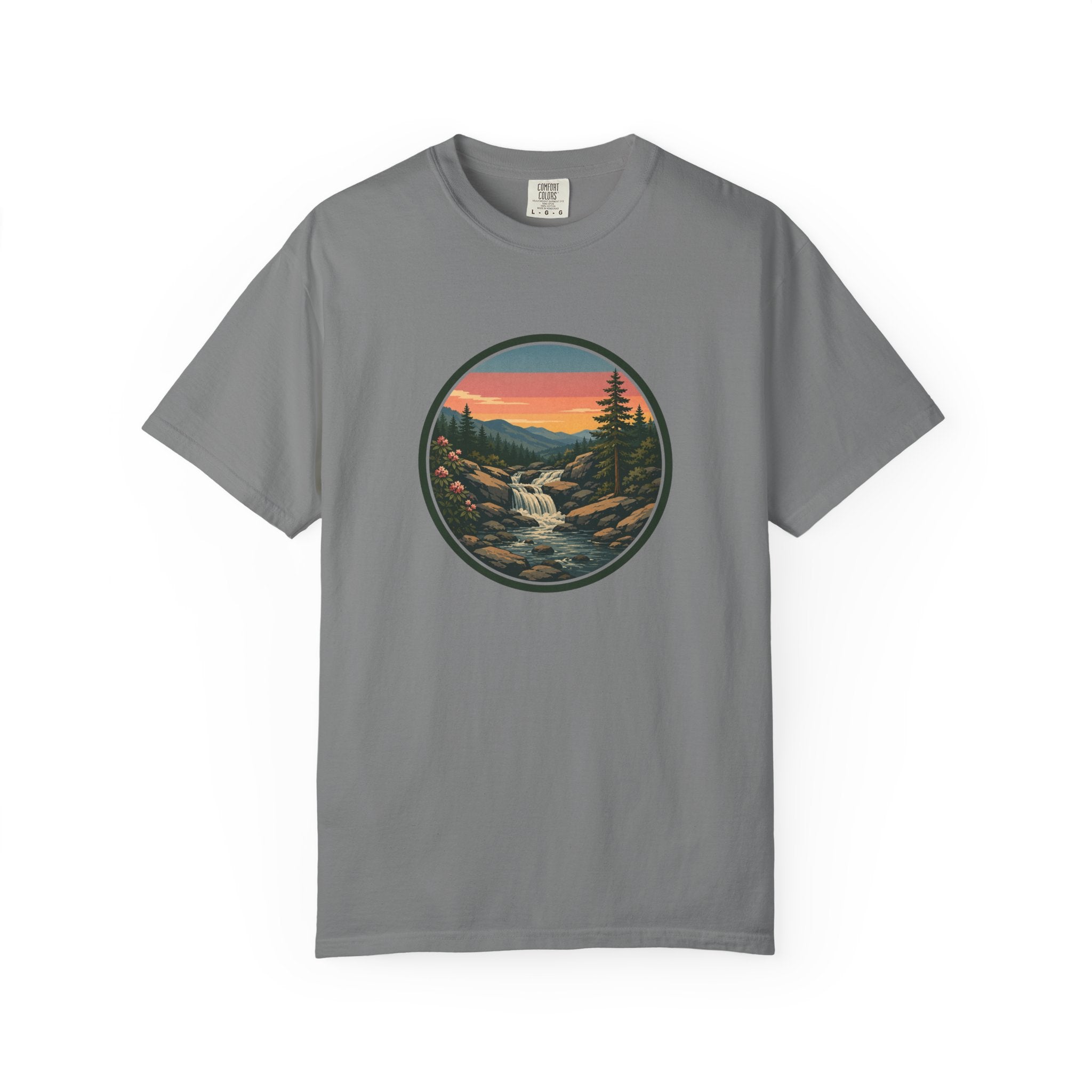 Scenic Waterfall T‑Shirt — Sunset Wilderness Nature Graphic