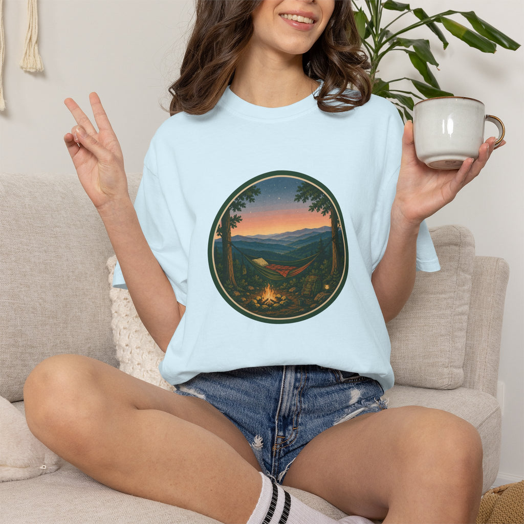 Campfire Mountain Sunset T-Shirt — Scenic Hiking Adventure Tee