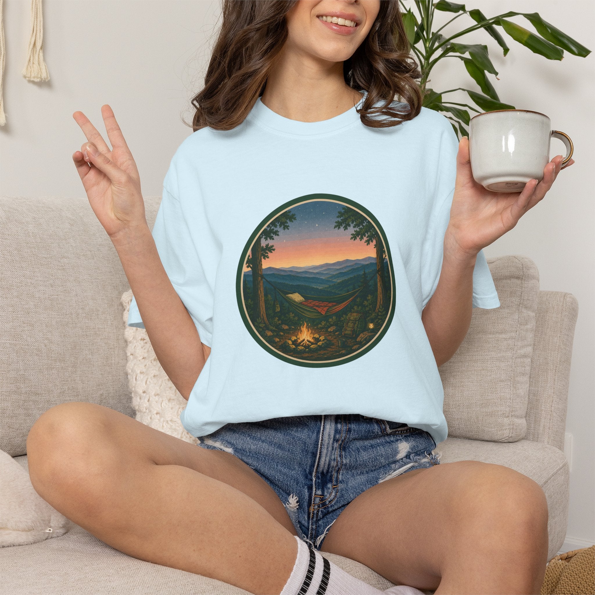 Campfire Mountain Sunset T-Shirt — Scenic Hiking Adventure Tee