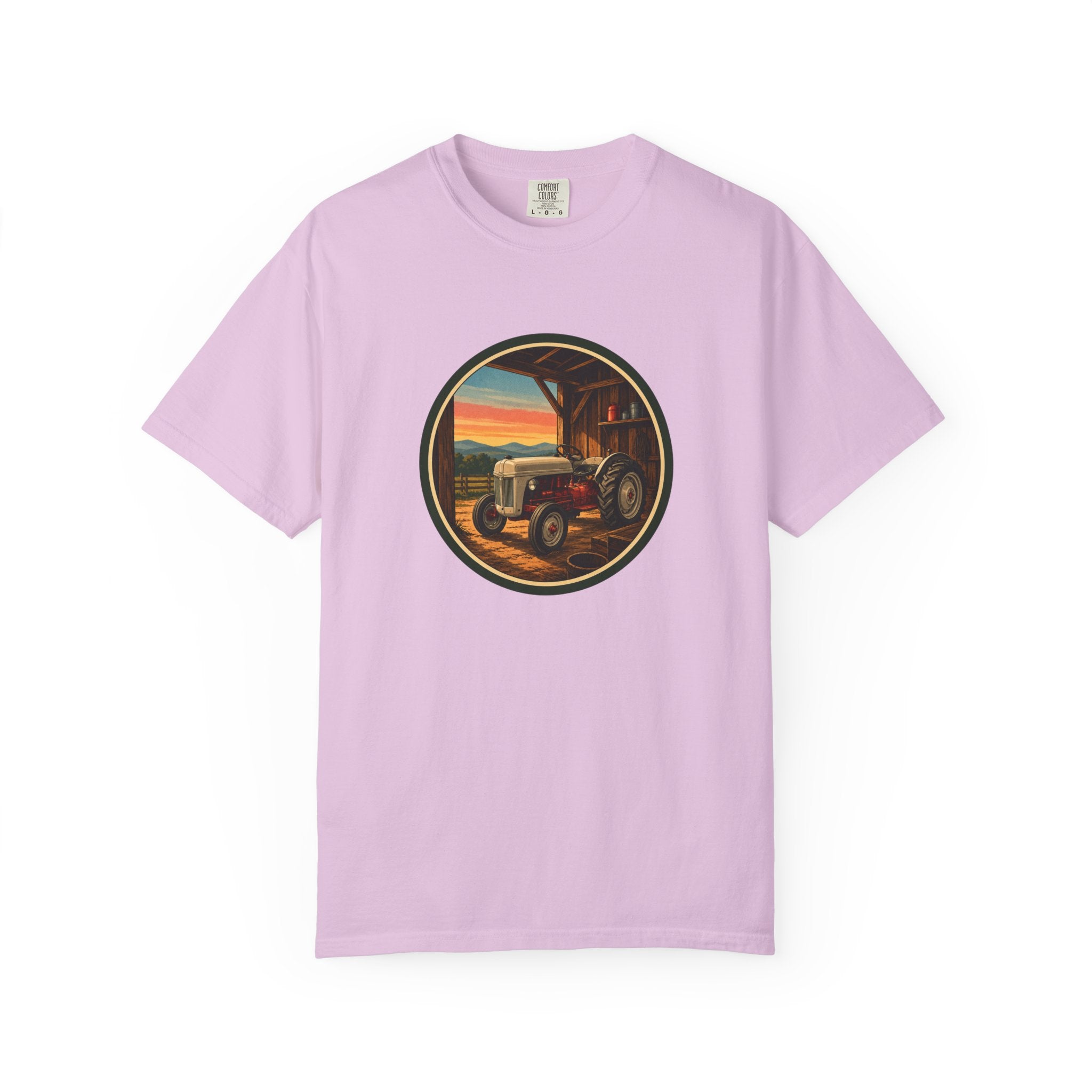 Vintage Tractor Circle T-Shirt — Rustic Farmstead Sunset Tee