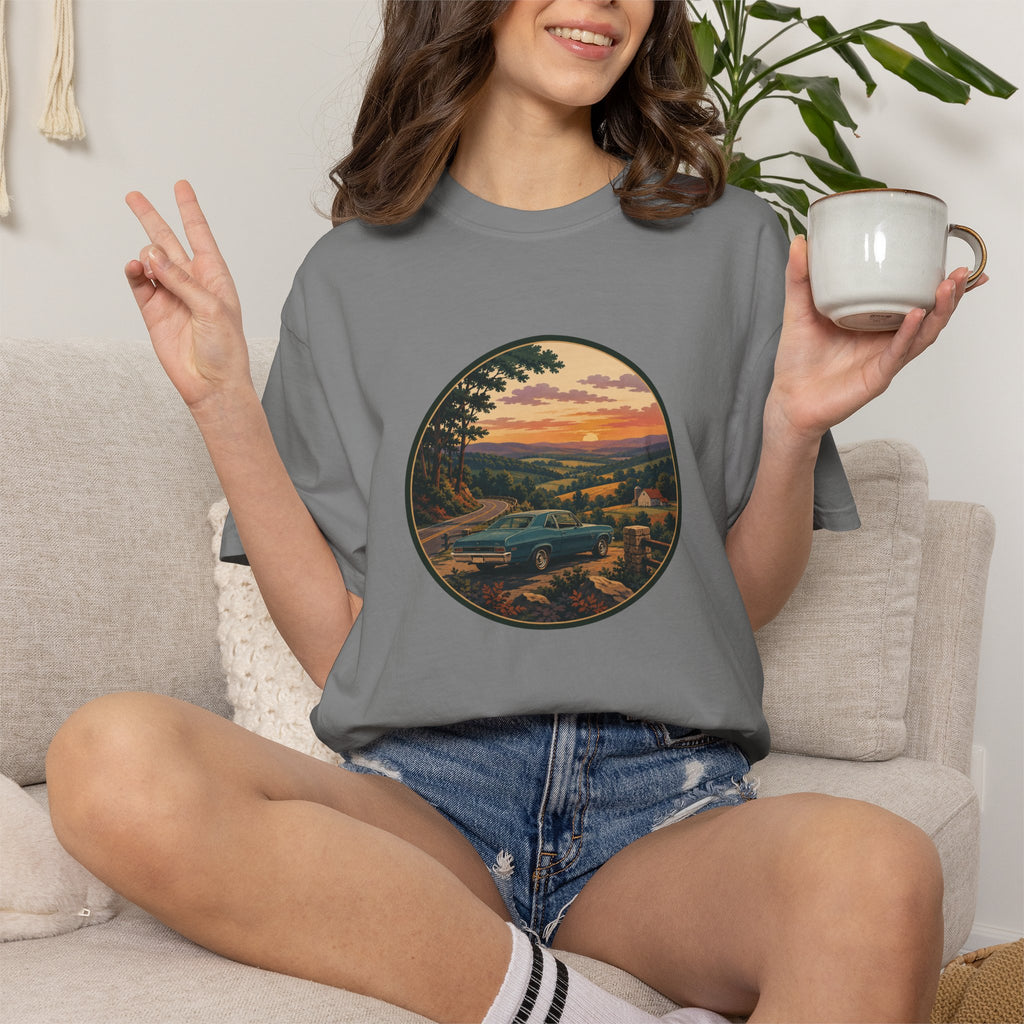 Sunset Valley Classic Car Landscape T-Shirt