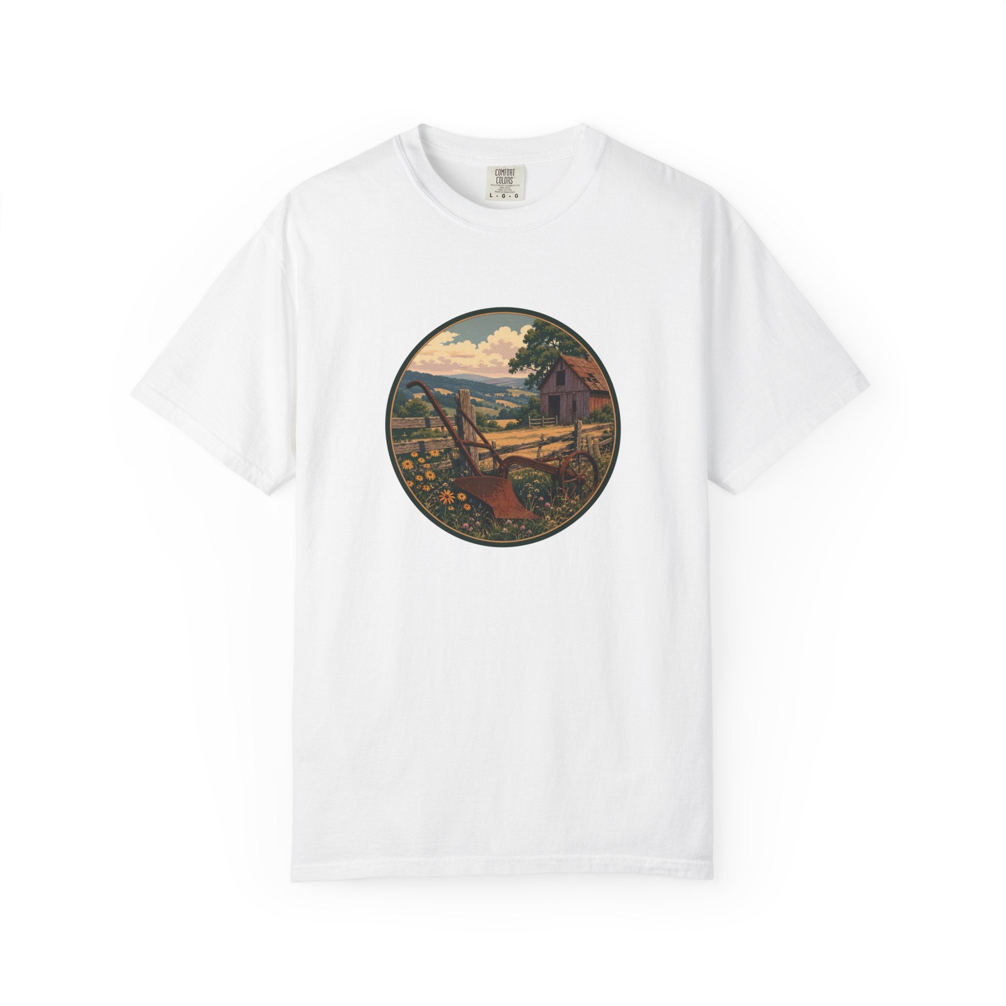 Vintage Countryside T-Shirt — Scenic Farm Landscape Graphic