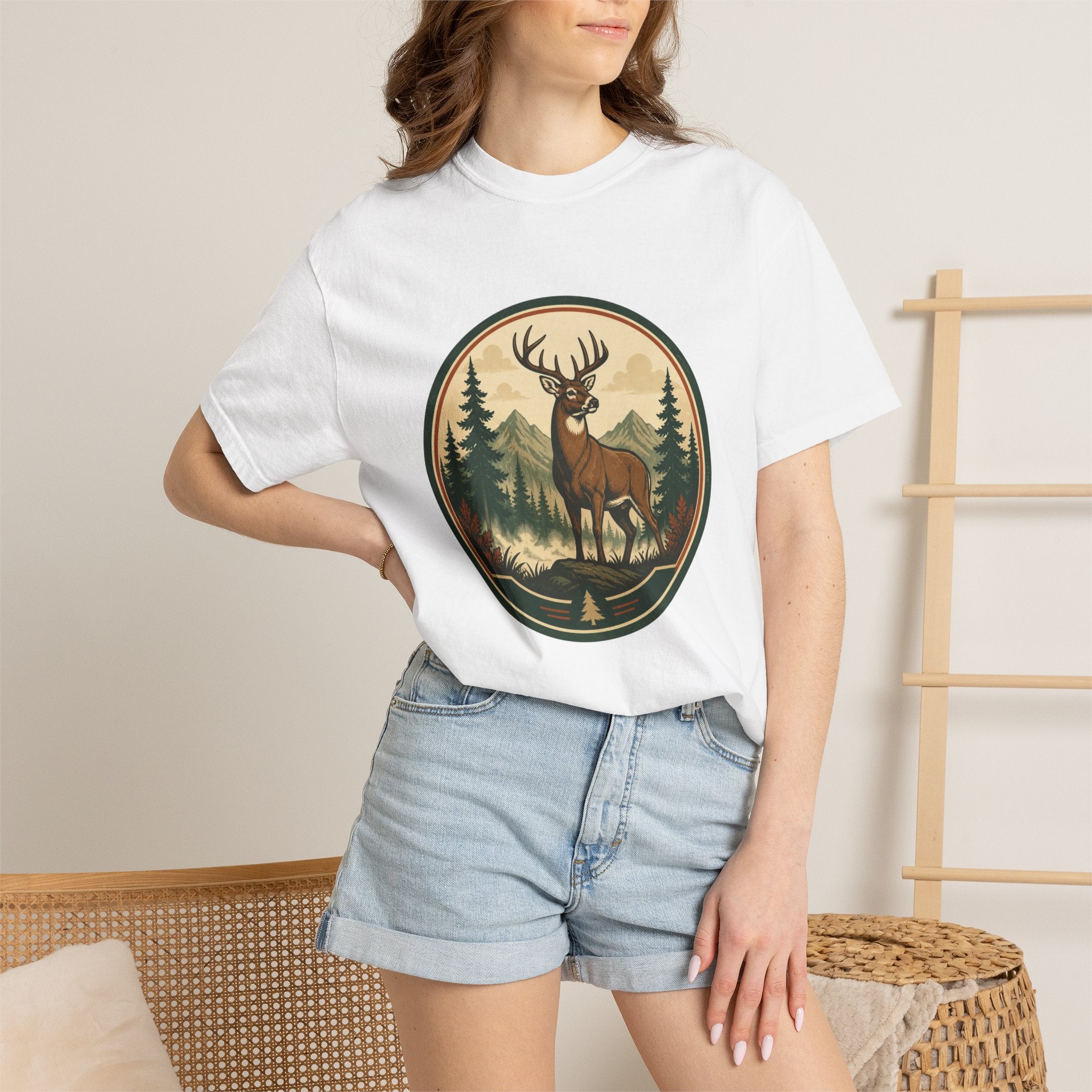 Deer Forest Badge T-Shirt – Vintage Outdoor Wildlife Graphic