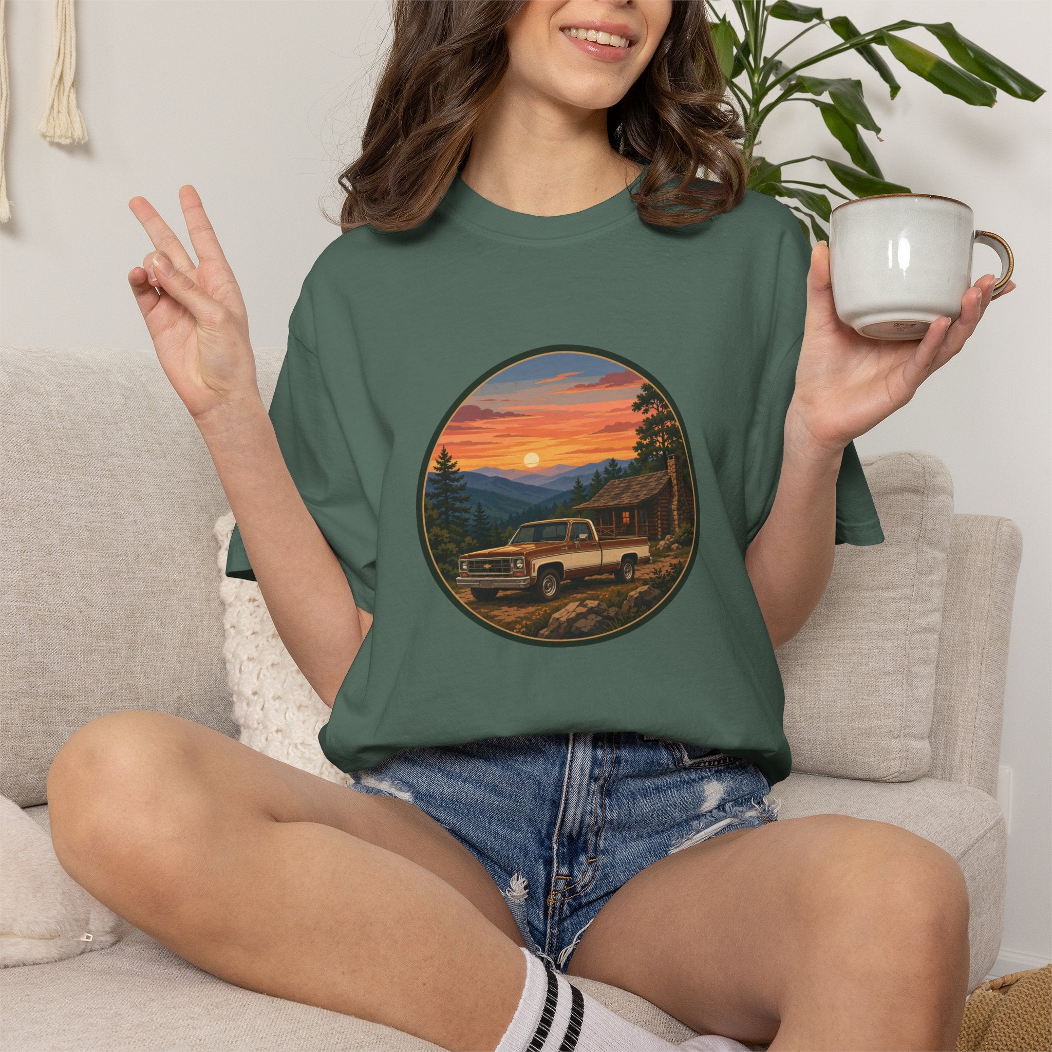 Sunset Cabin Truck T-Shirt — Vintage Classic Truck Tee