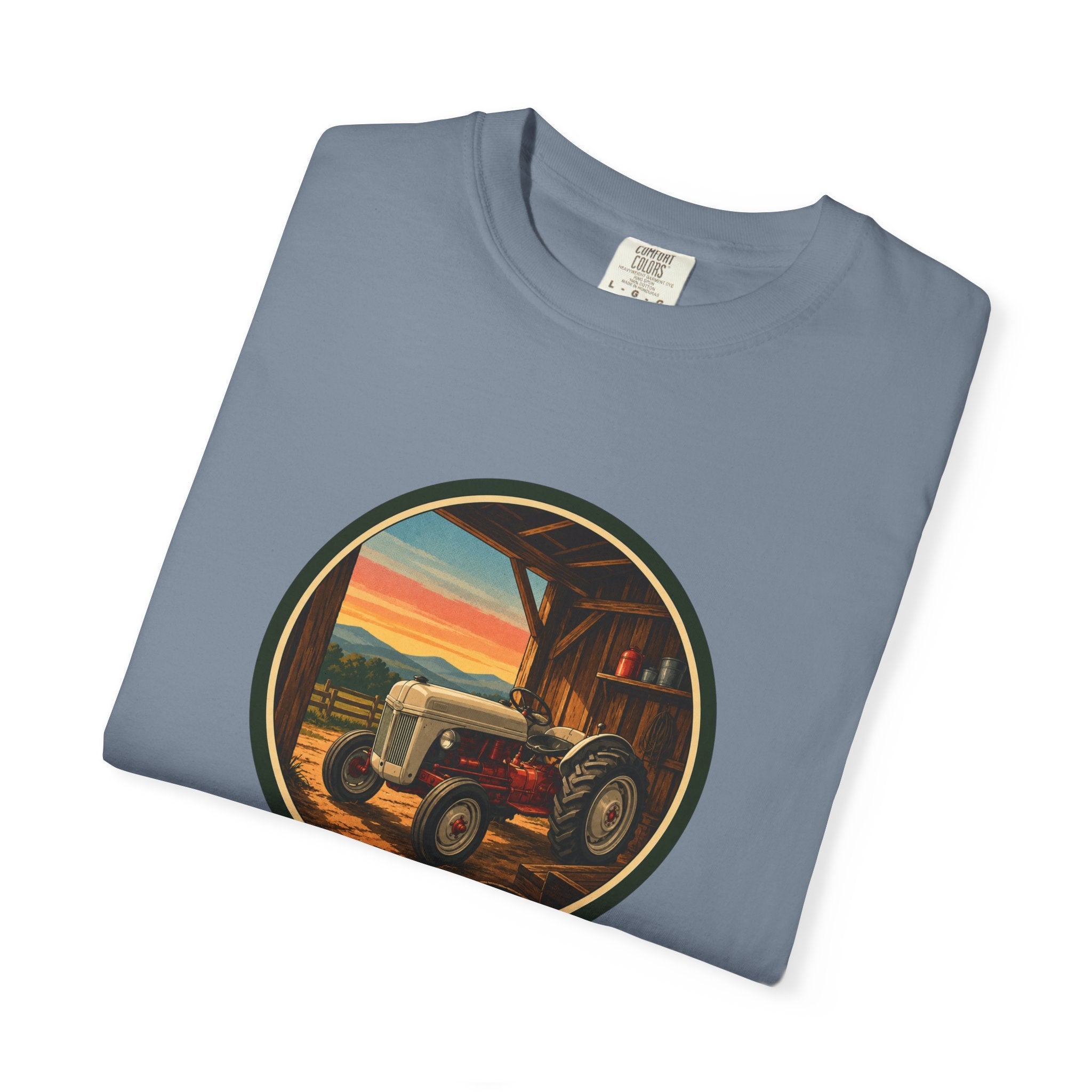Vintage Tractor Circle T-Shirt — Rustic Farmstead Sunset Tee