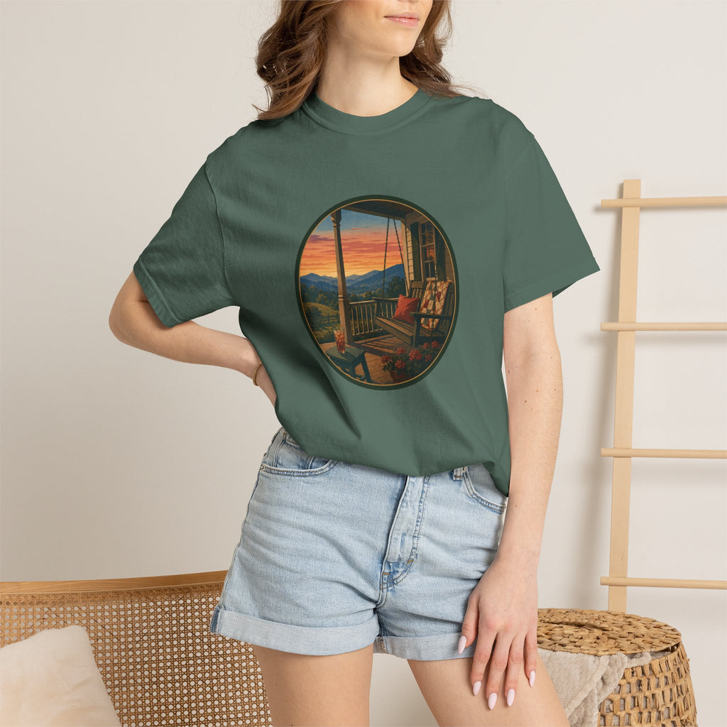 Sunset Porch Circle T-Shirt — Scenic Porch Swing Graphic Tee