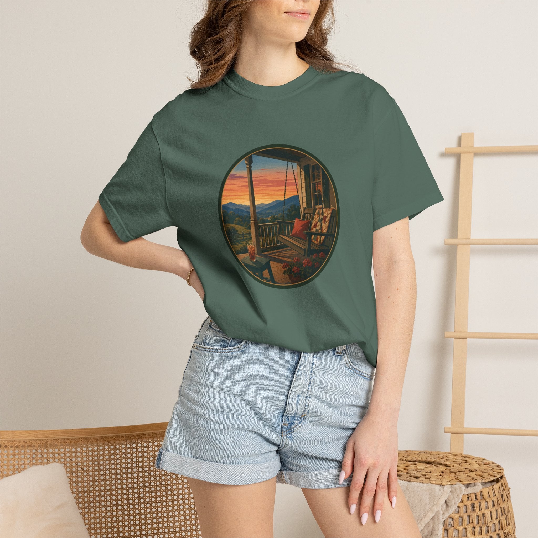 Sunset Porch Circle T-Shirt — Scenic Porch Swing Graphic Tee
