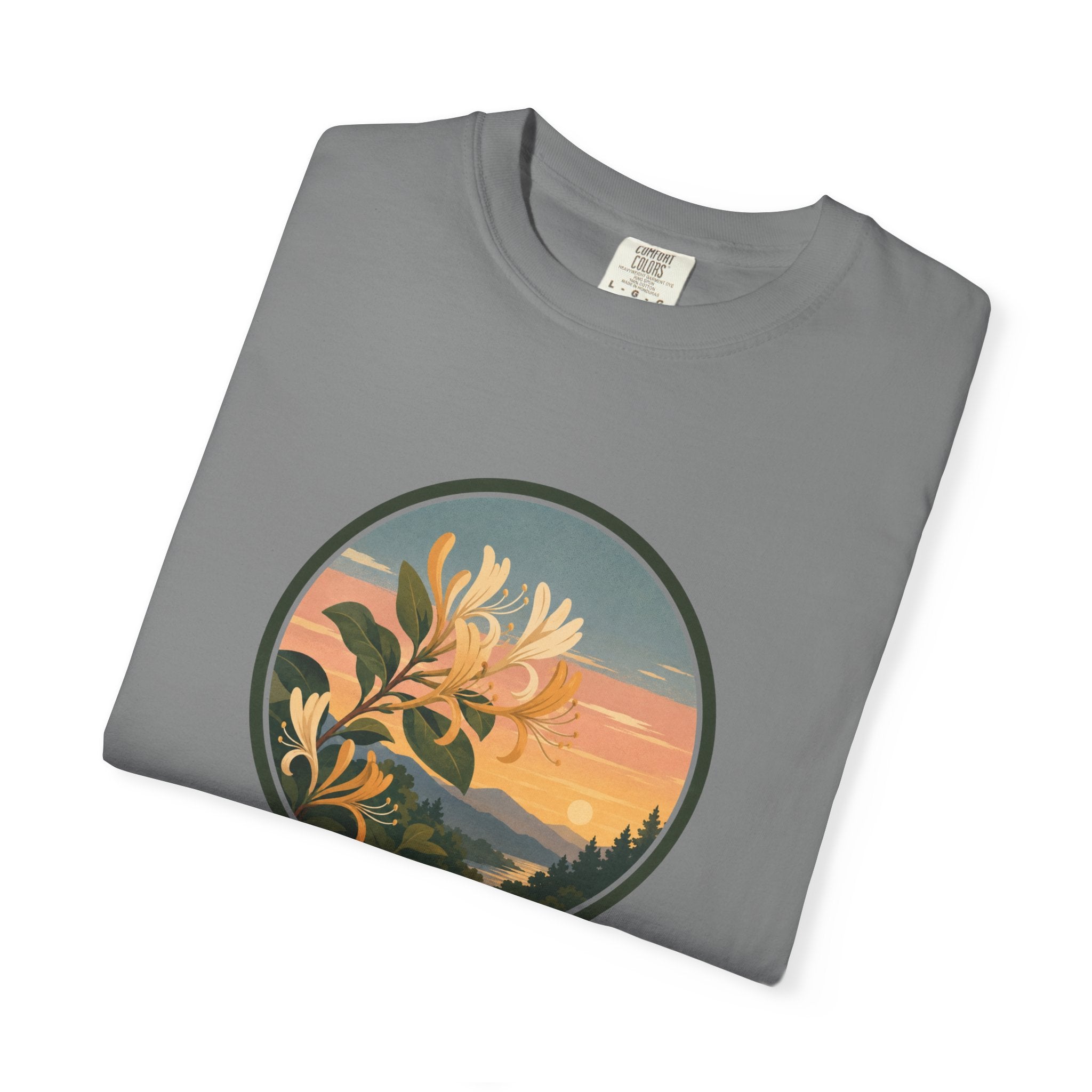 Sunset Honeysuckle T-Shirt — Floral Sunset Circle Graphic Tee