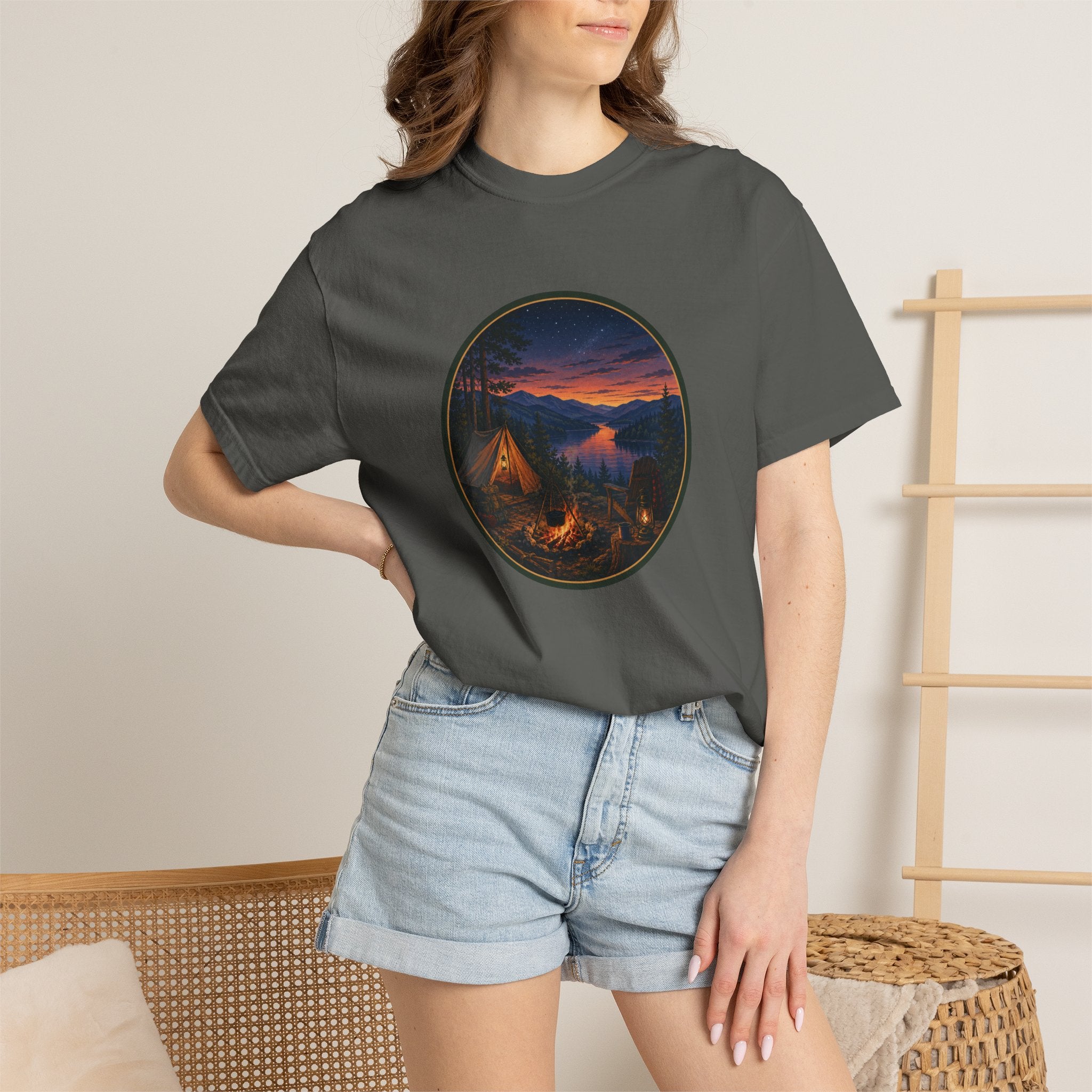 Camping Sunset T-Shirt — Riverside Campfire Night Scene