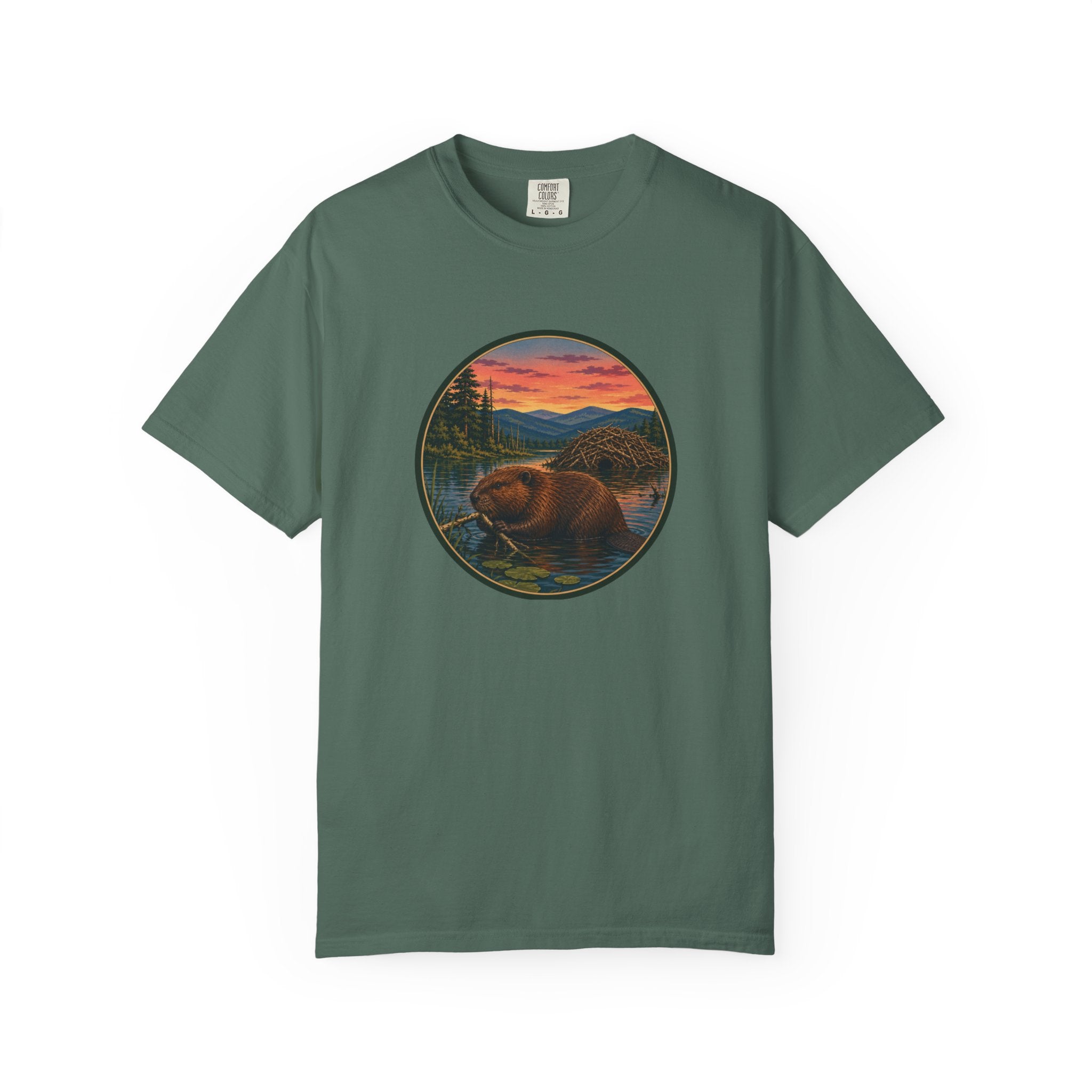 Beaver Sunset T-Shirt — Mountain Lake Wildlife Graphic Tee