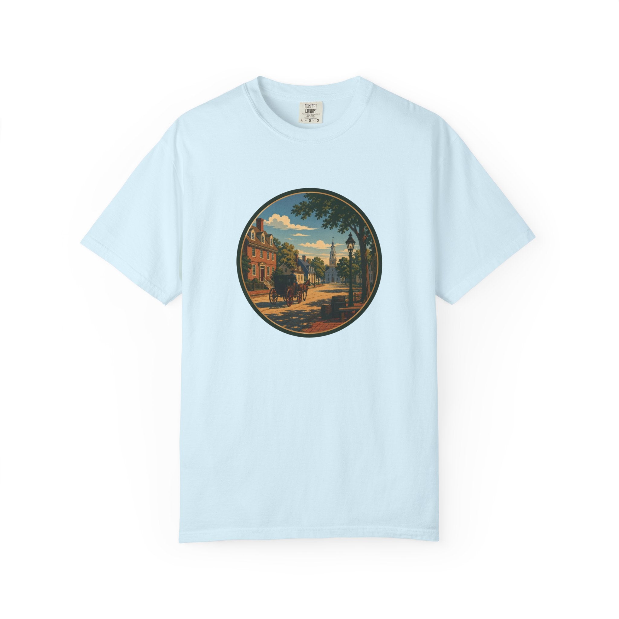 Colonial Carriage Ride T-Shirt — Retro Scenic Circle Print