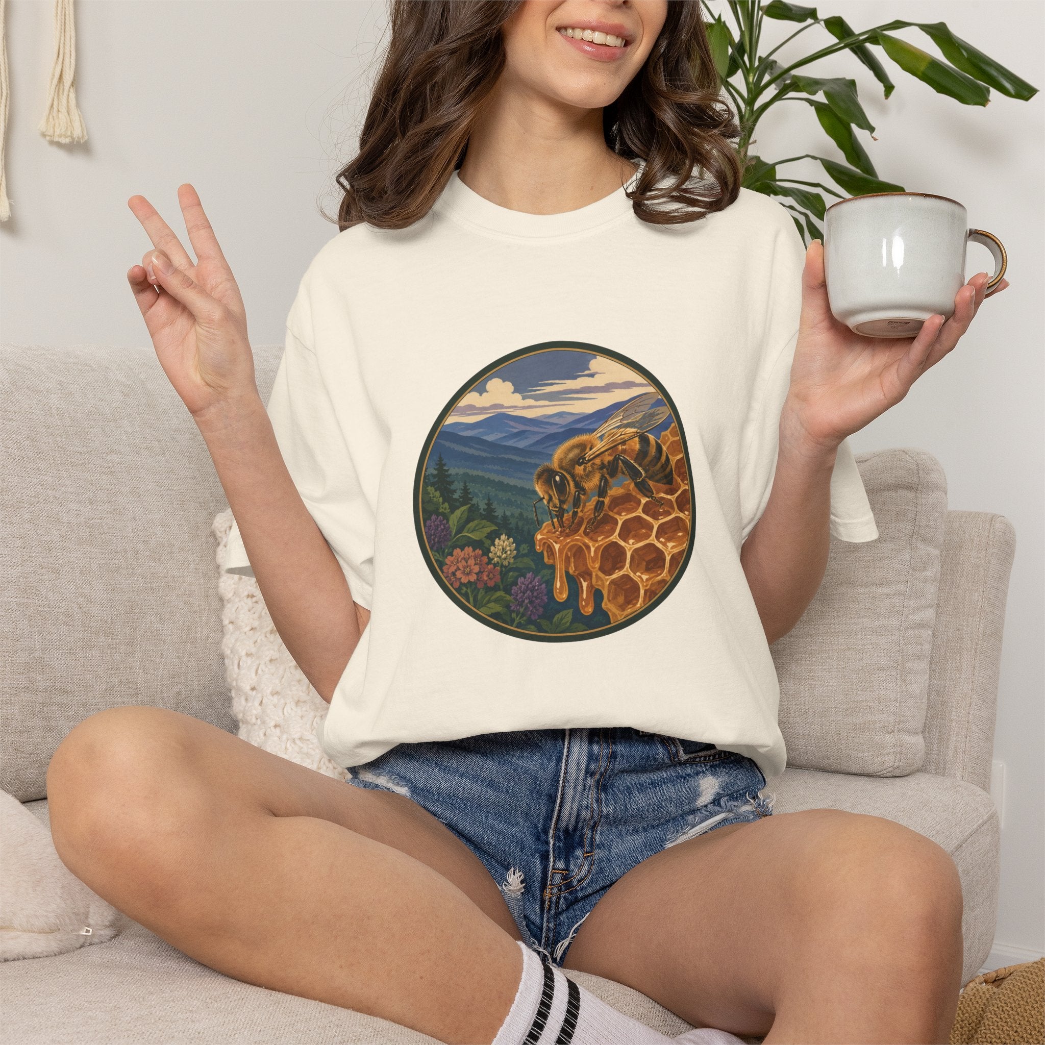 Honey Bee & Mountains Graphic T-Shirt — Honeycomb Nature Illustration