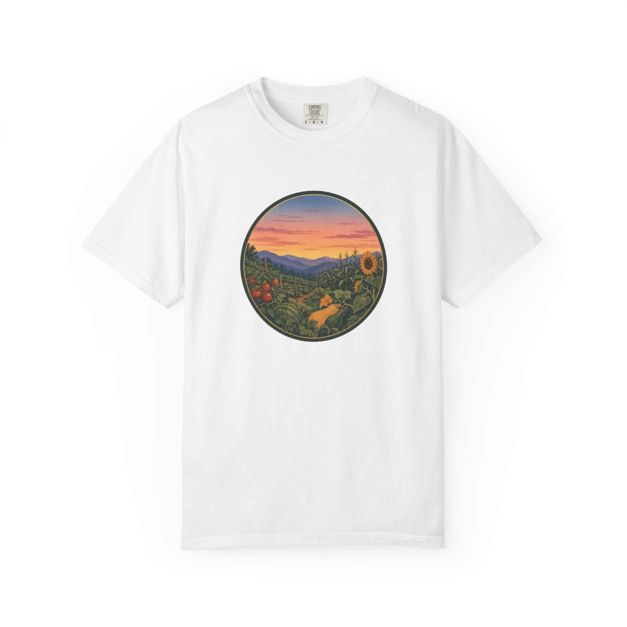 Sunset Mountain Garden T-Shirt — Scenic Fresh Vegetables Landscape Tee