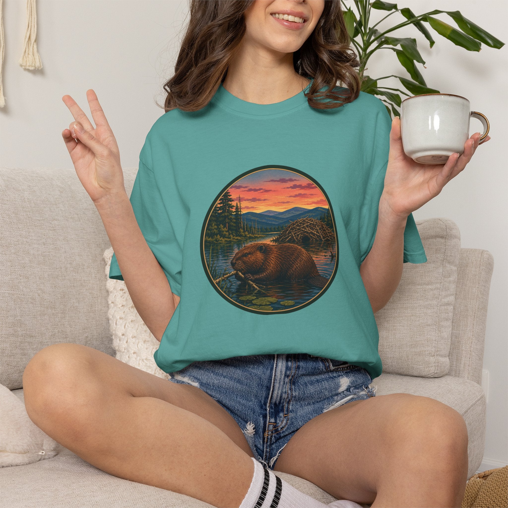 Beaver Sunset T-Shirt — Mountain Lake Wildlife Graphic Tee