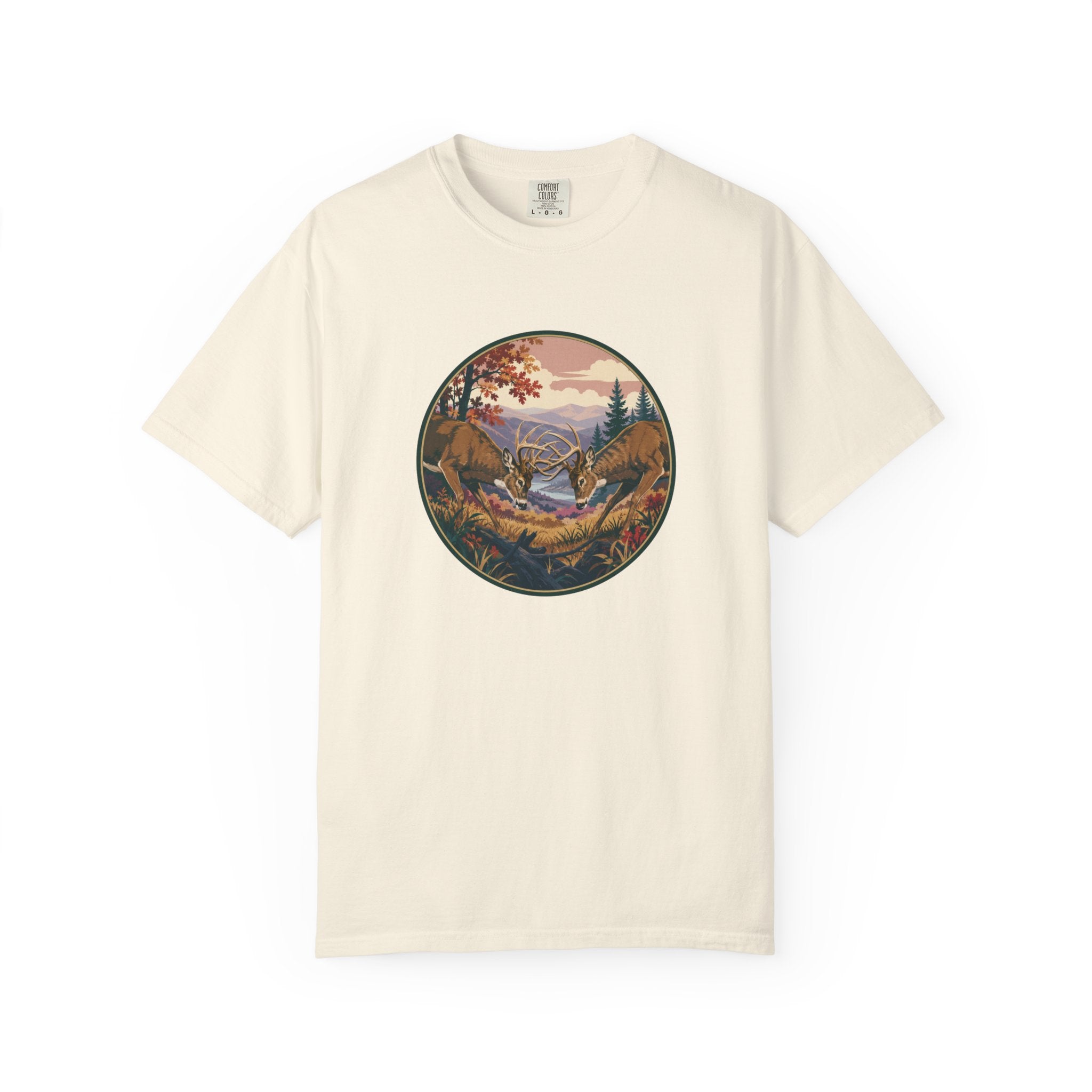 Scenic Wilderness Circle T-Shirt — Mountain Camping & Deer Nature Graphic
