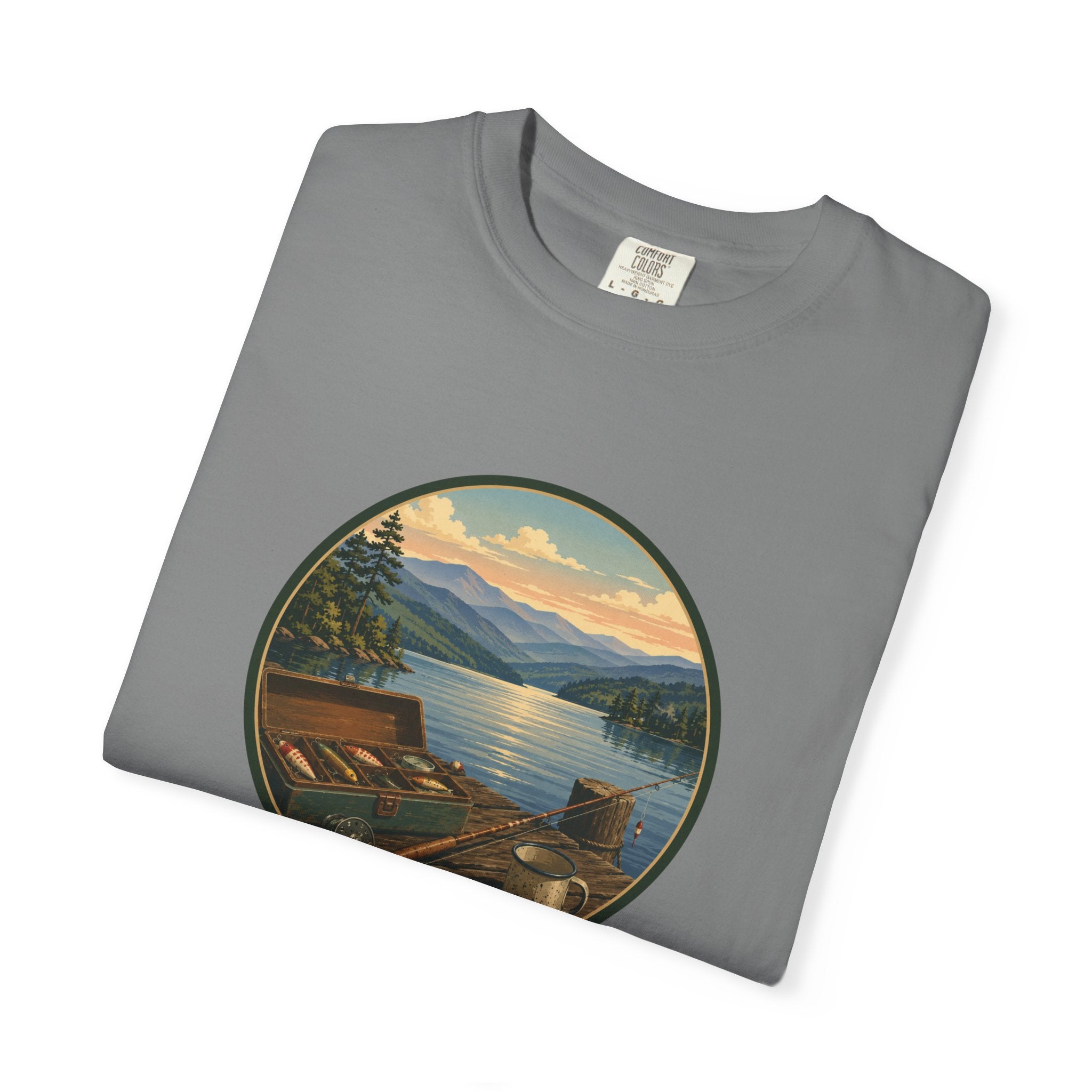 Vintage Fishing Tackle T-Shirt — Mountain View Dock Scene Tee