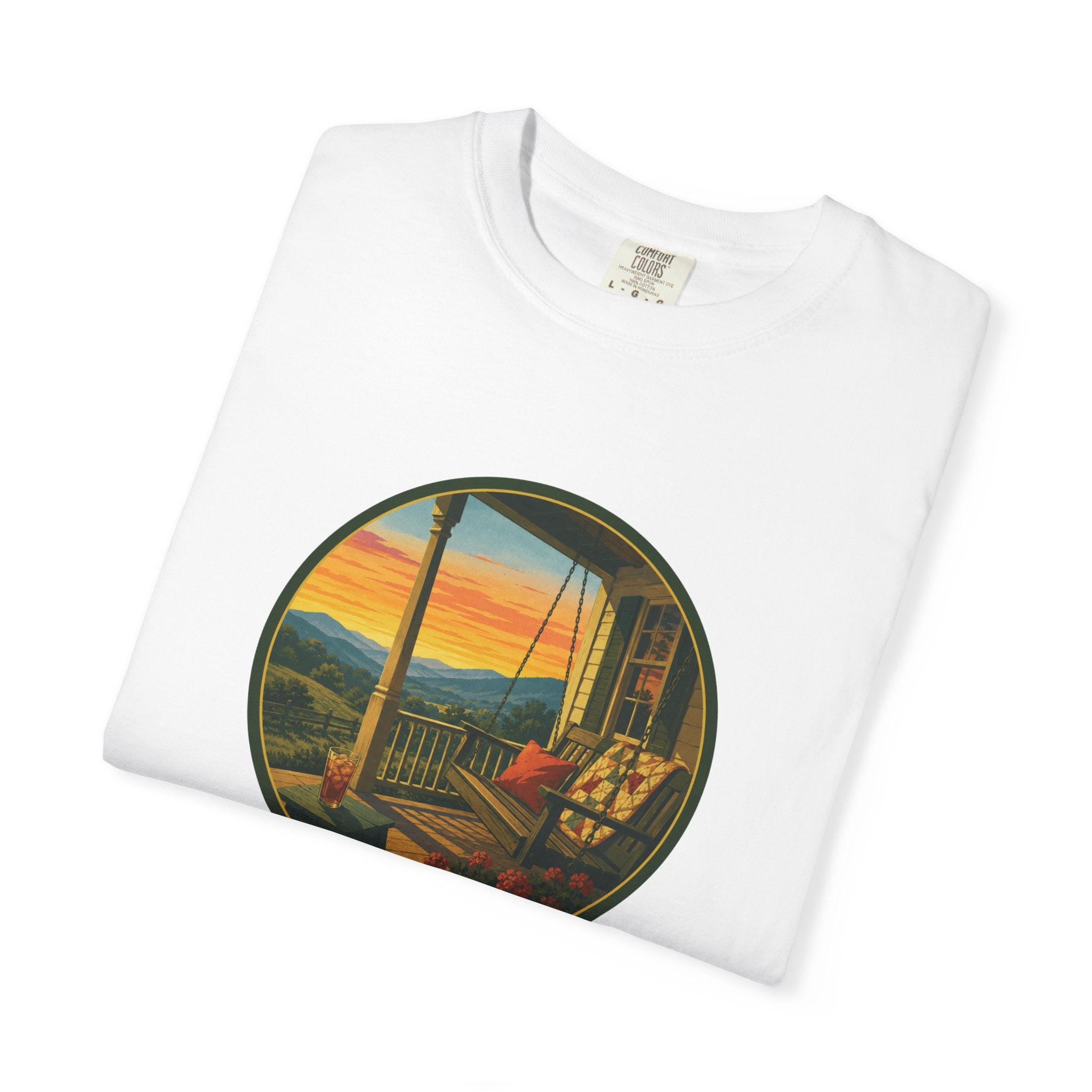 Sunset Porch Circle T-Shirt — Scenic Porch Swing Graphic Tee