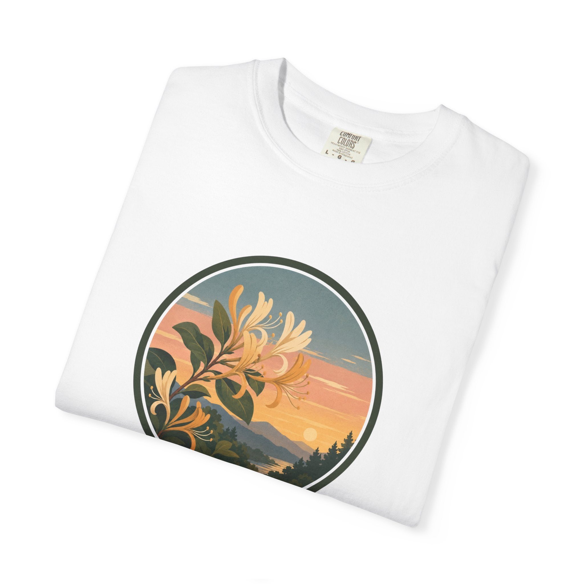 Sunset Honeysuckle T-Shirt — Floral Sunset Circle Graphic Tee