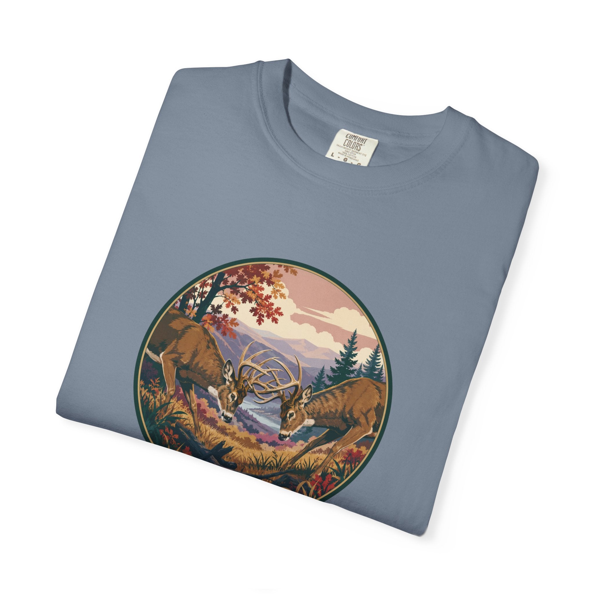 Scenic Wilderness Circle T-Shirt — Mountain Camping & Deer Nature Graphic