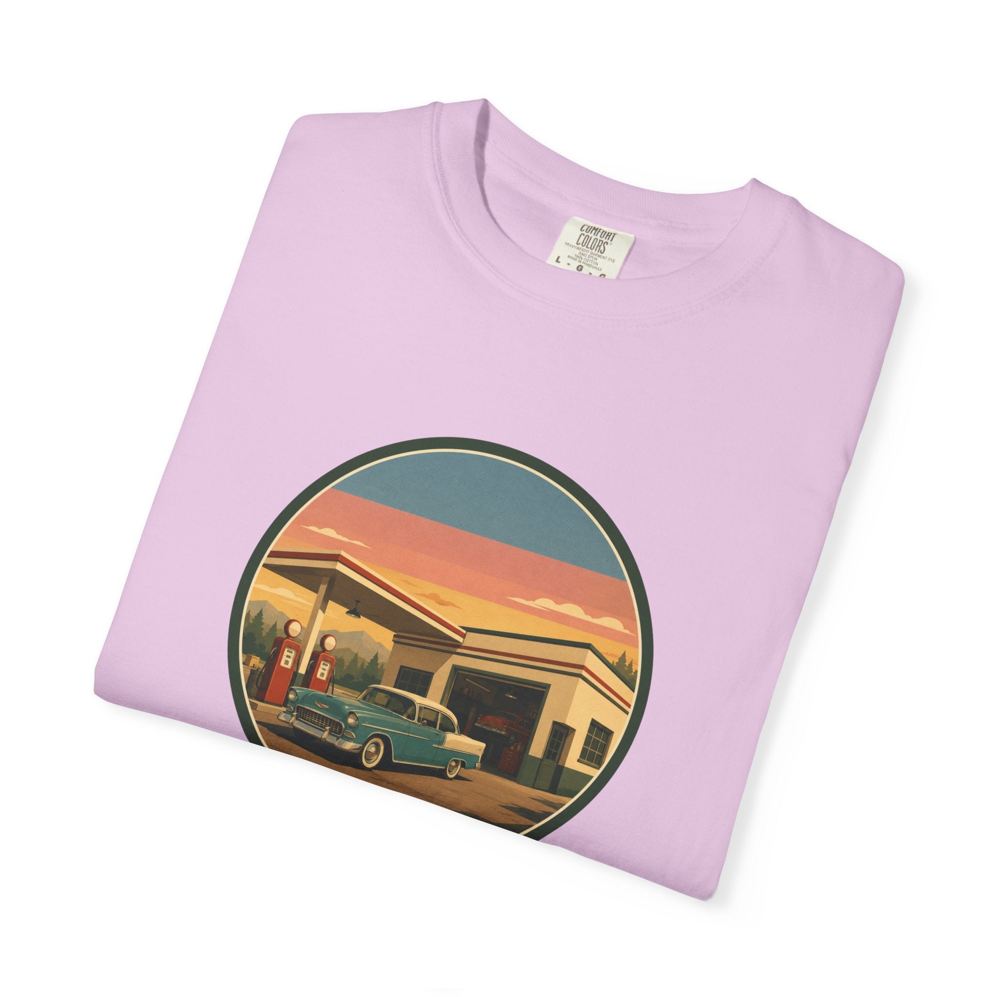 Retro Gas Station T-Shirt — Vintage Sunset Roadside Design