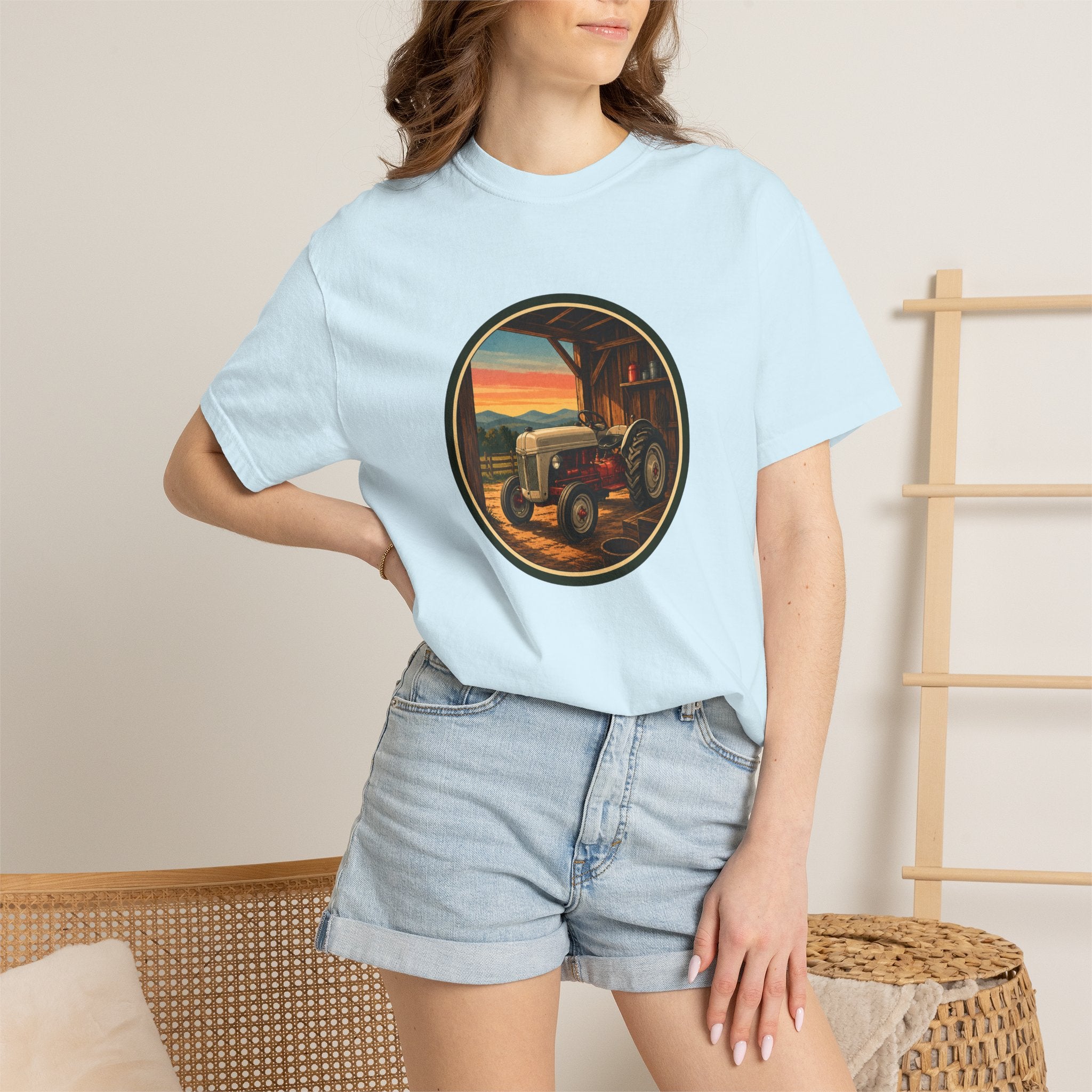 Vintage Tractor Circle T-Shirt — Rustic Farmstead Sunset Tee