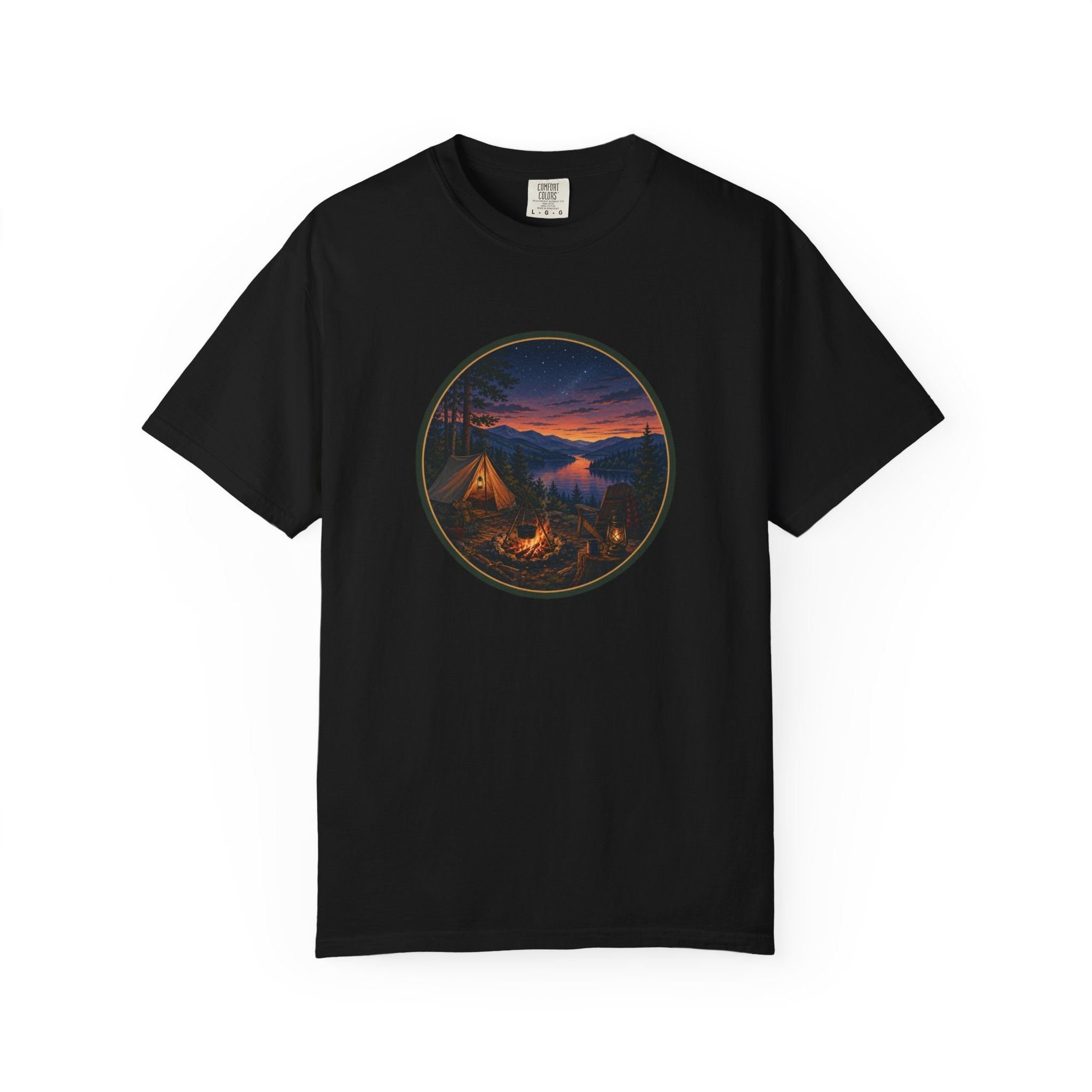 Camping Sunset T-Shirt — Riverside Campfire Night Scene