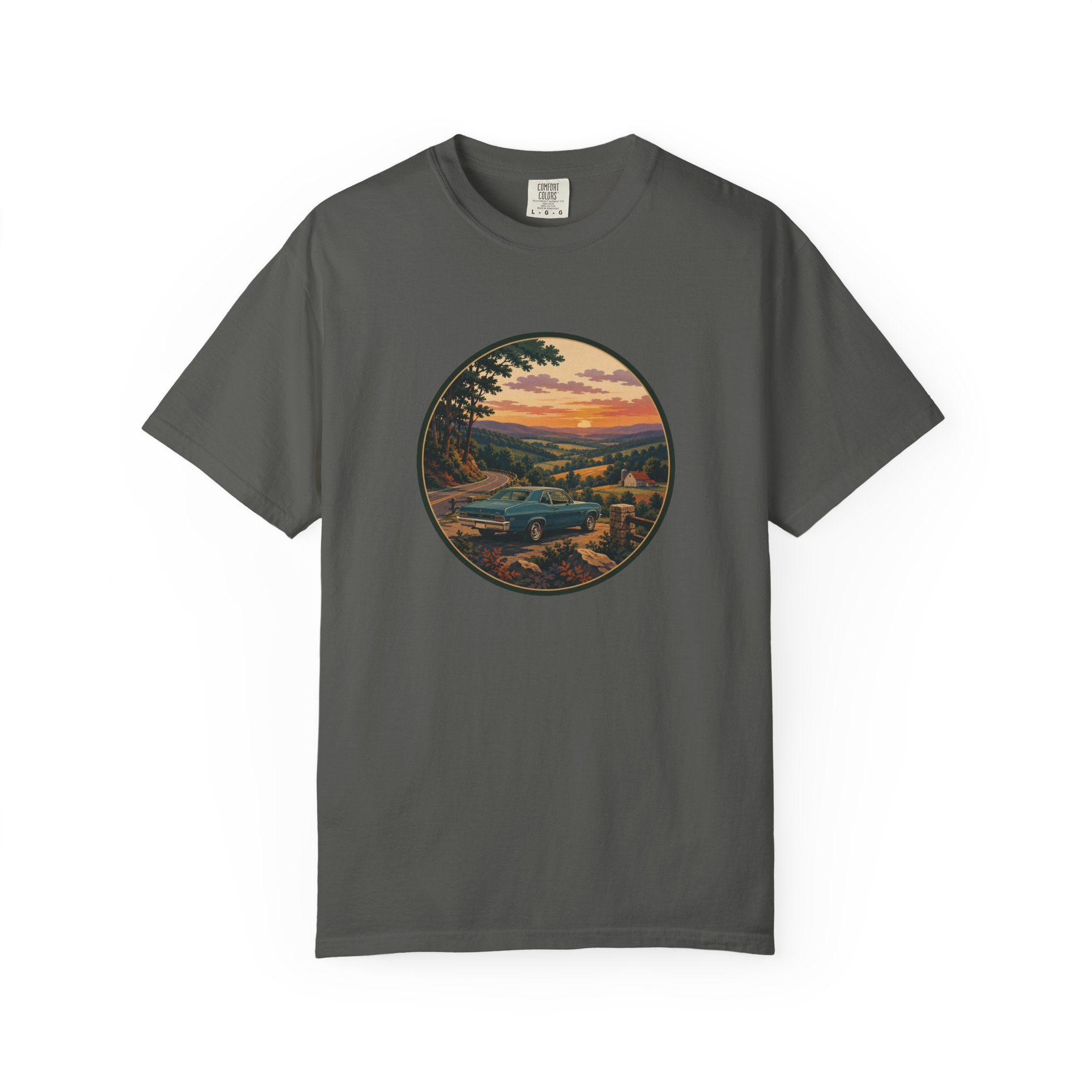 Sunset Valley Classic Car Landscape T-Shirt