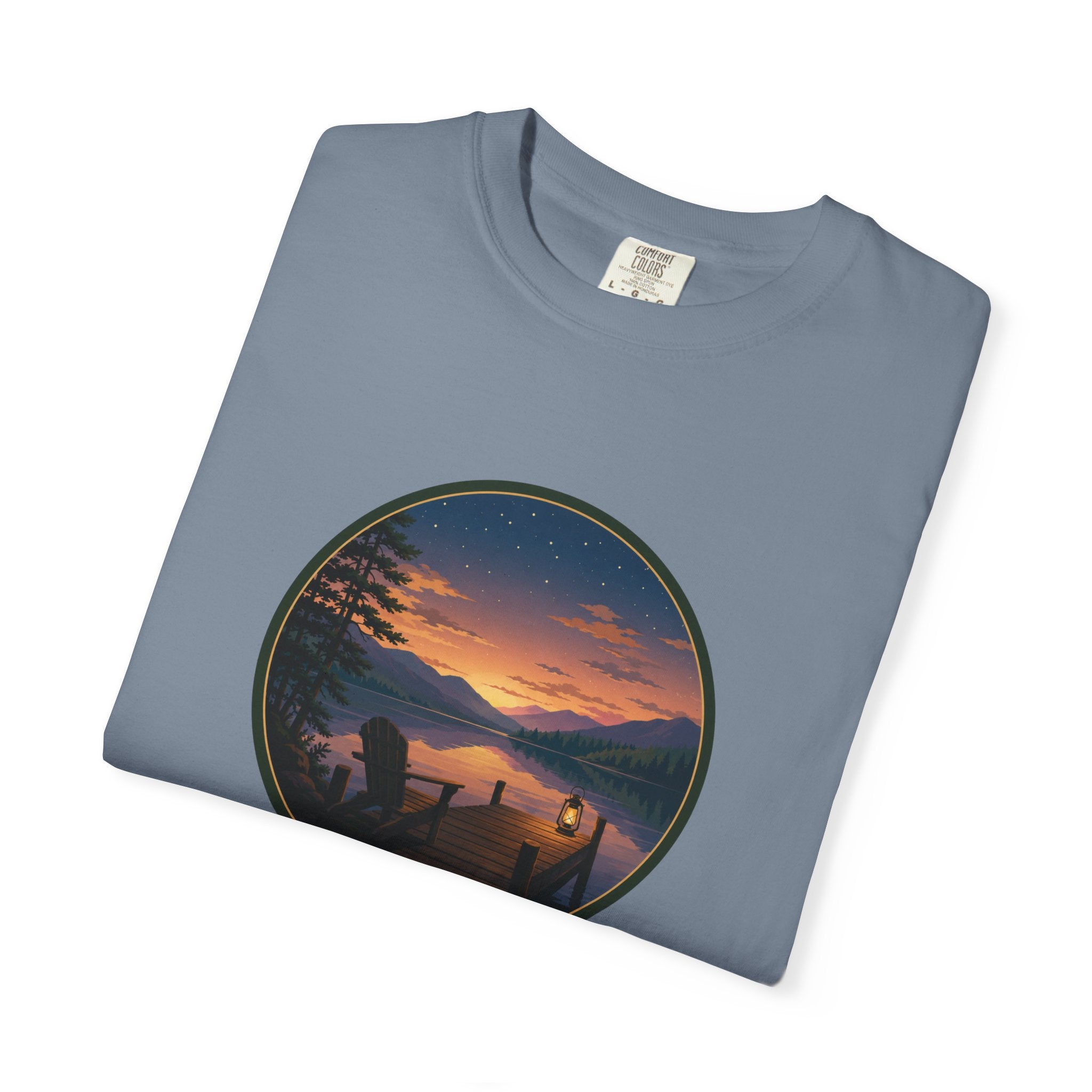 Sunset Lake Camping T-Shirt — Scenic Mountain Lantern Graphic