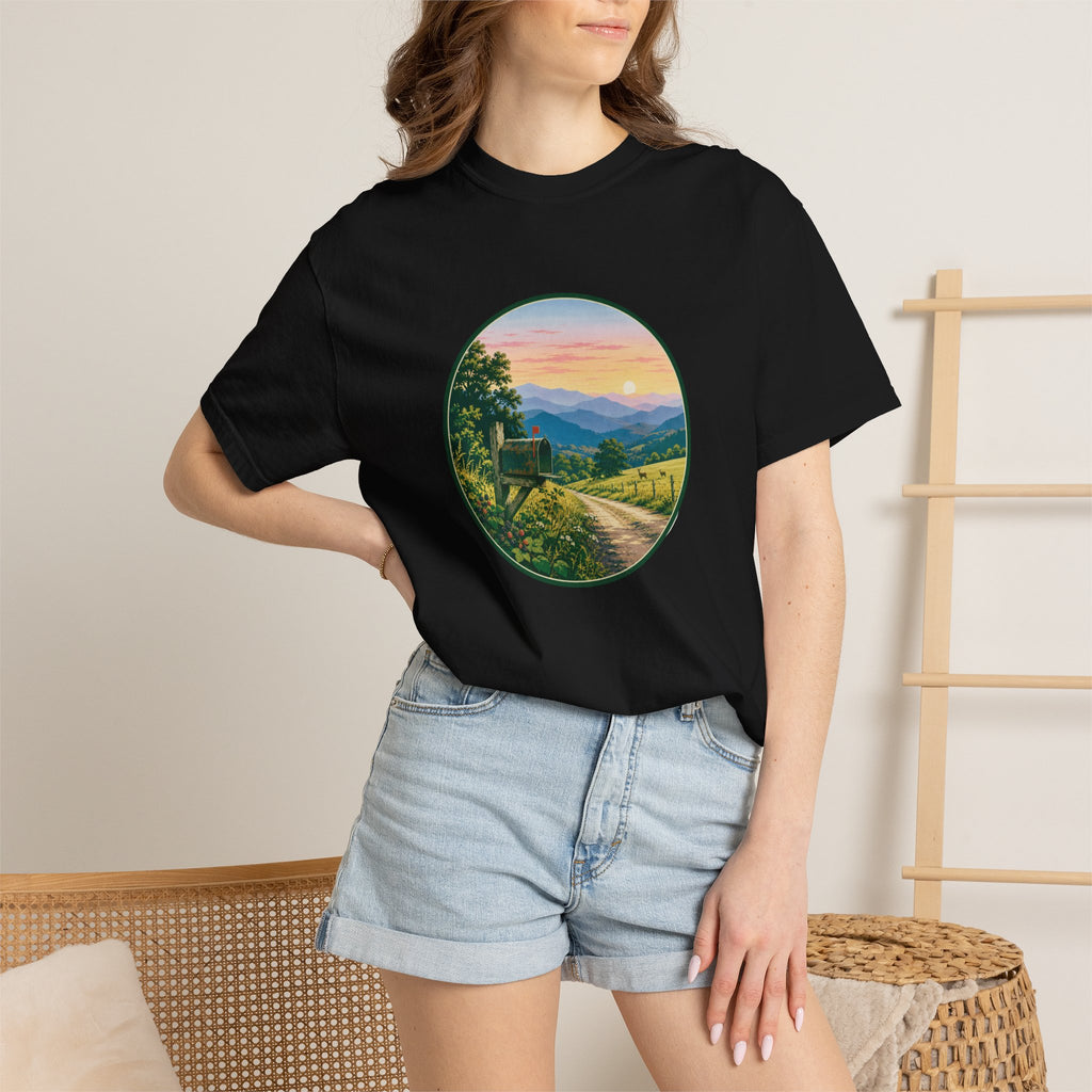 Scenic Backroad Sunset T-Shirt — Vintage Mailbox Circle Landscape Tee