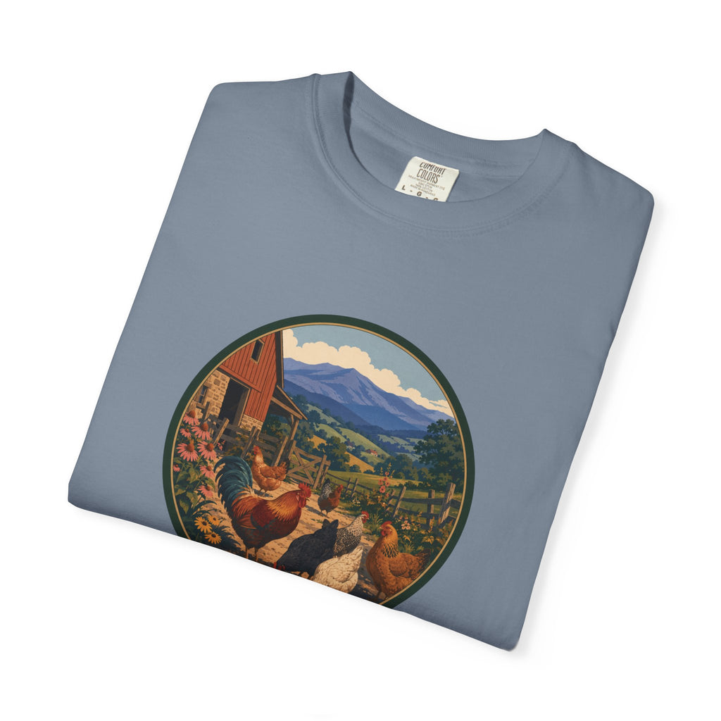 Chicken Farm Vintage Tee — Pastoral Hen Scene T-Shirt