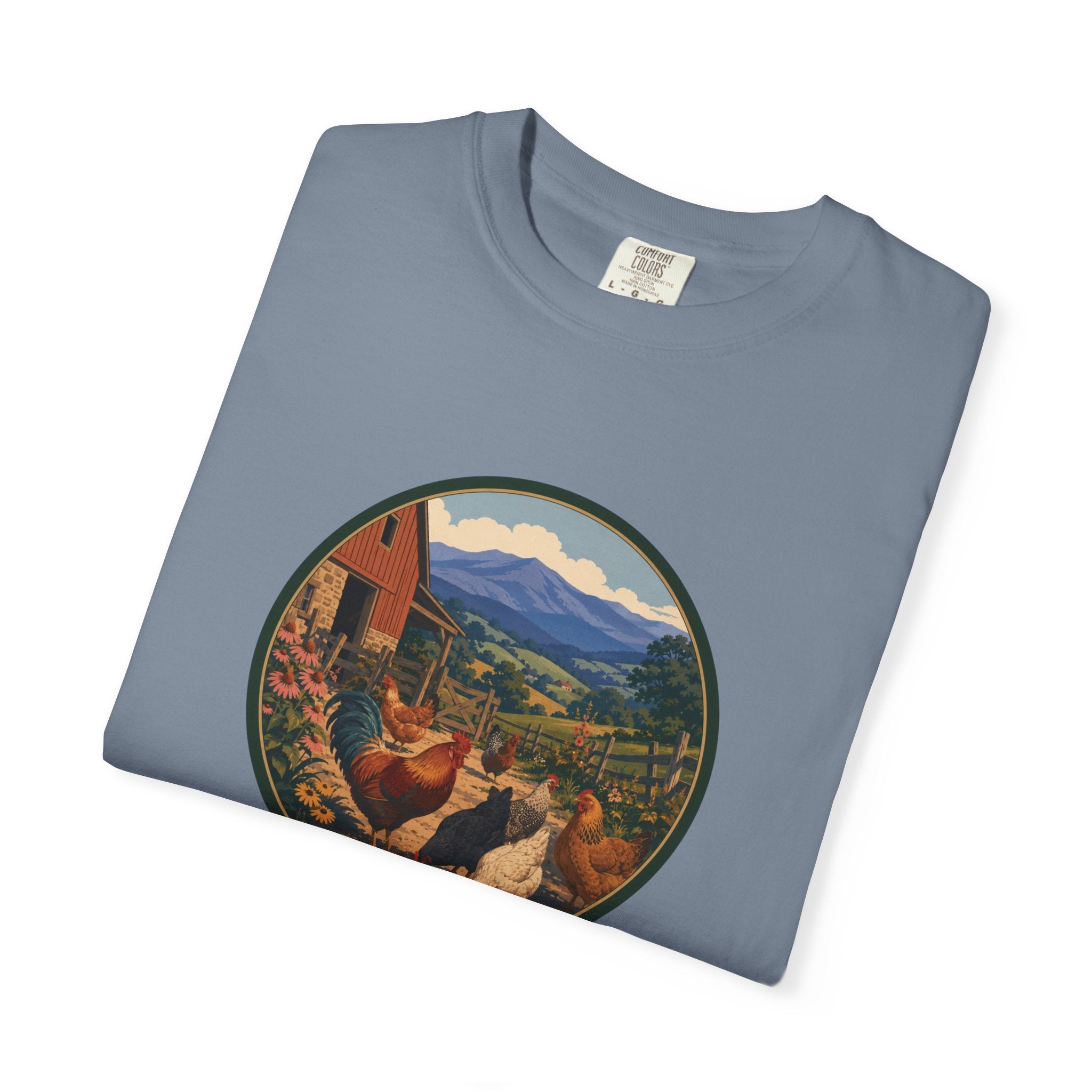 Chicken Farm Vintage Tee — Pastoral Hen Scene T-Shirt