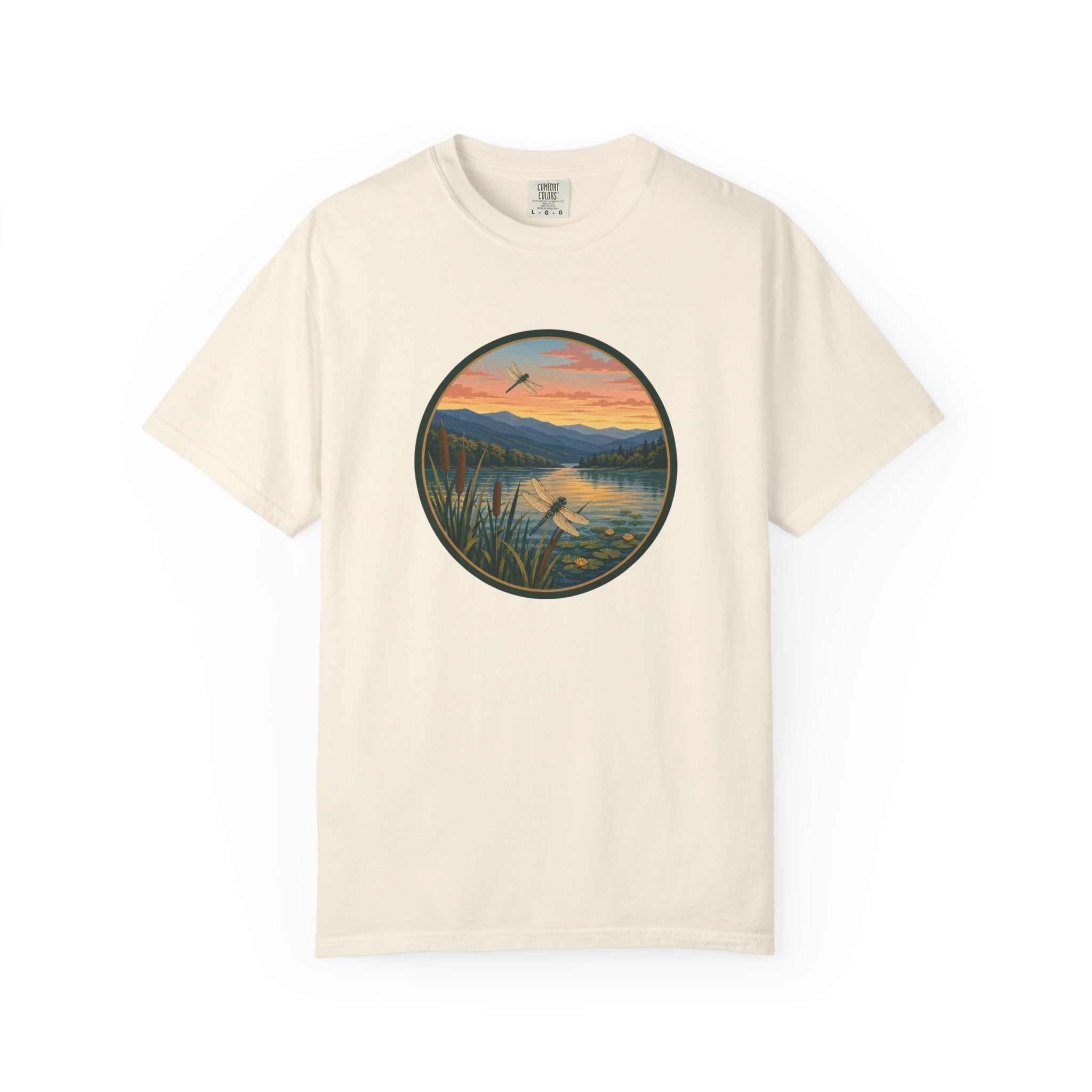 Dragonfly Sunset Lake Scene T-Shirt — Scenic Mountain Nature Tee