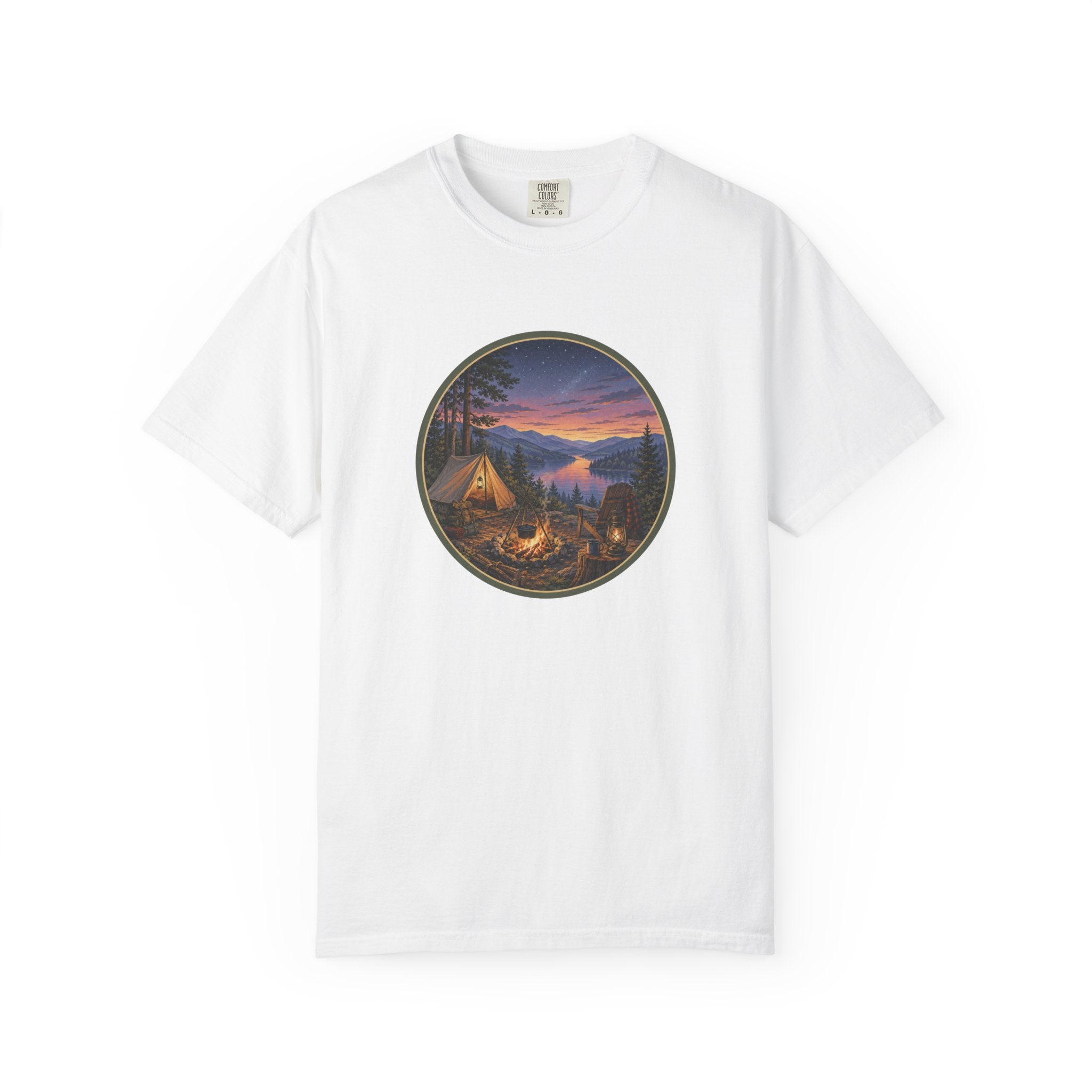 Camping Sunset T-Shirt — Riverside Campfire Night Scene