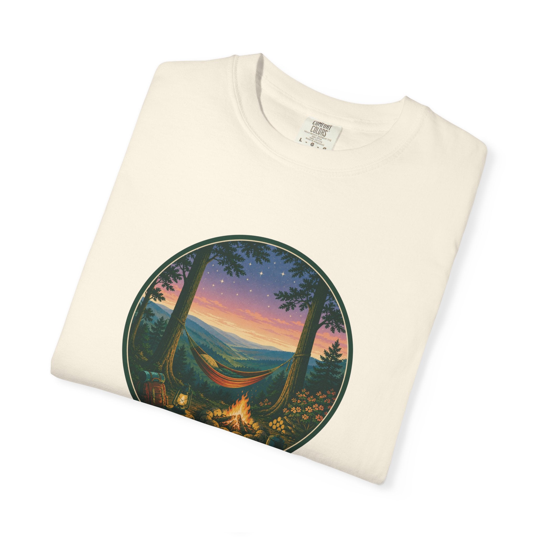 Hammock Camping Sunset T-Shirt — Bonfire Night Outdoor Graphic Tee