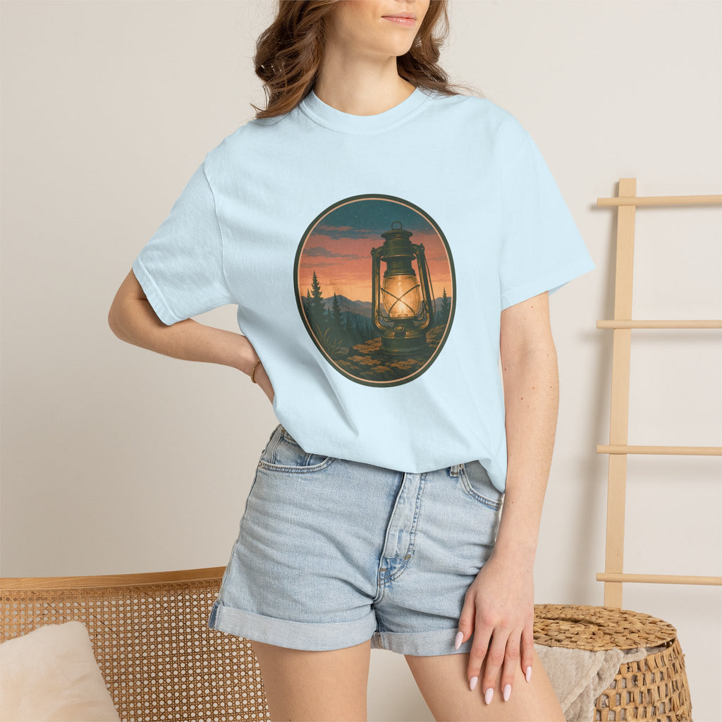 Lantern Sunset T-Shirt — Vintage Campfire Night Graphic Tee