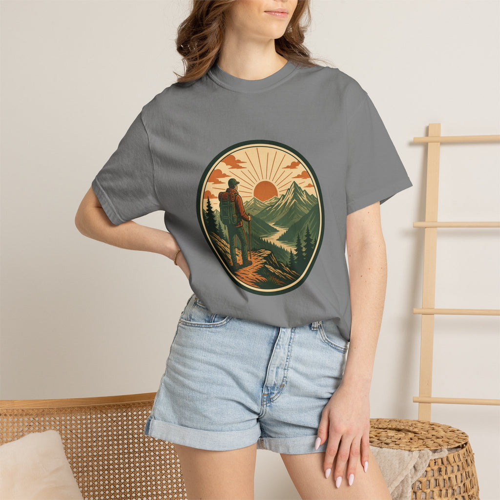 Hiker Sunset Graphic T-Shirt — Mountain Adventure Outdoor Tee