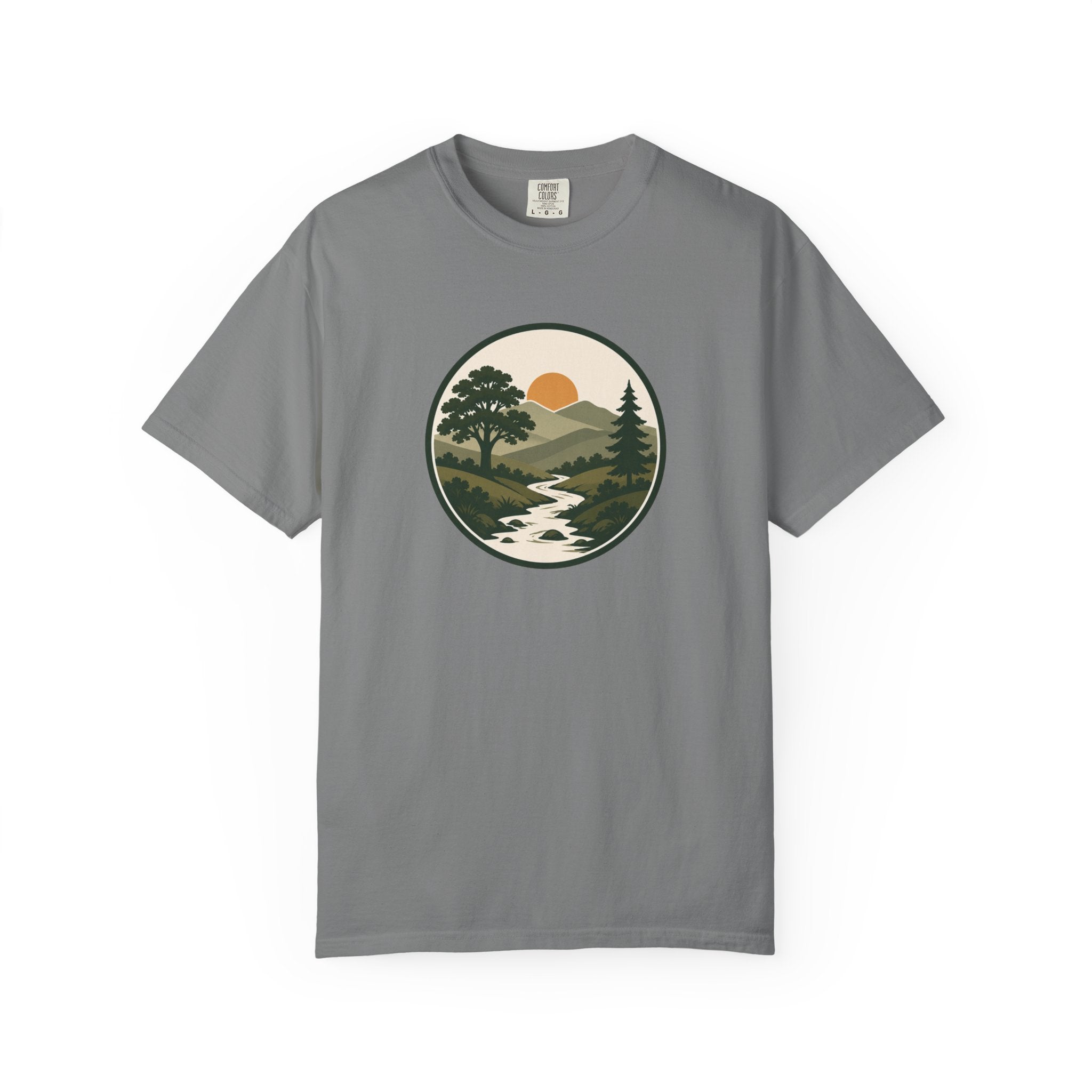 Simple Goodness Badge T-Shirt — Scenic Mountain Sunset River Design
