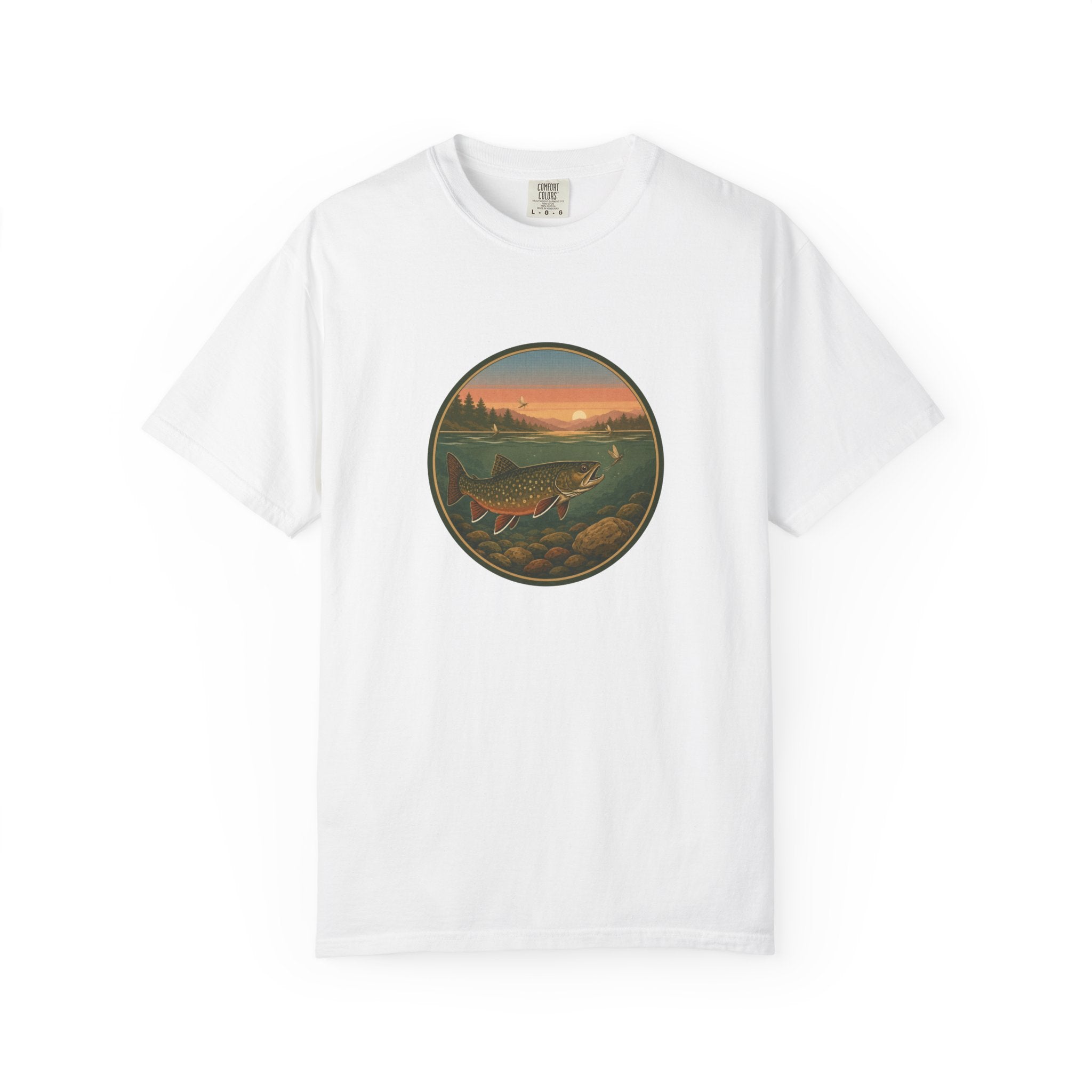 Brook Trout Sunset Fishing T-Shirt — Vintage River Scene Tee