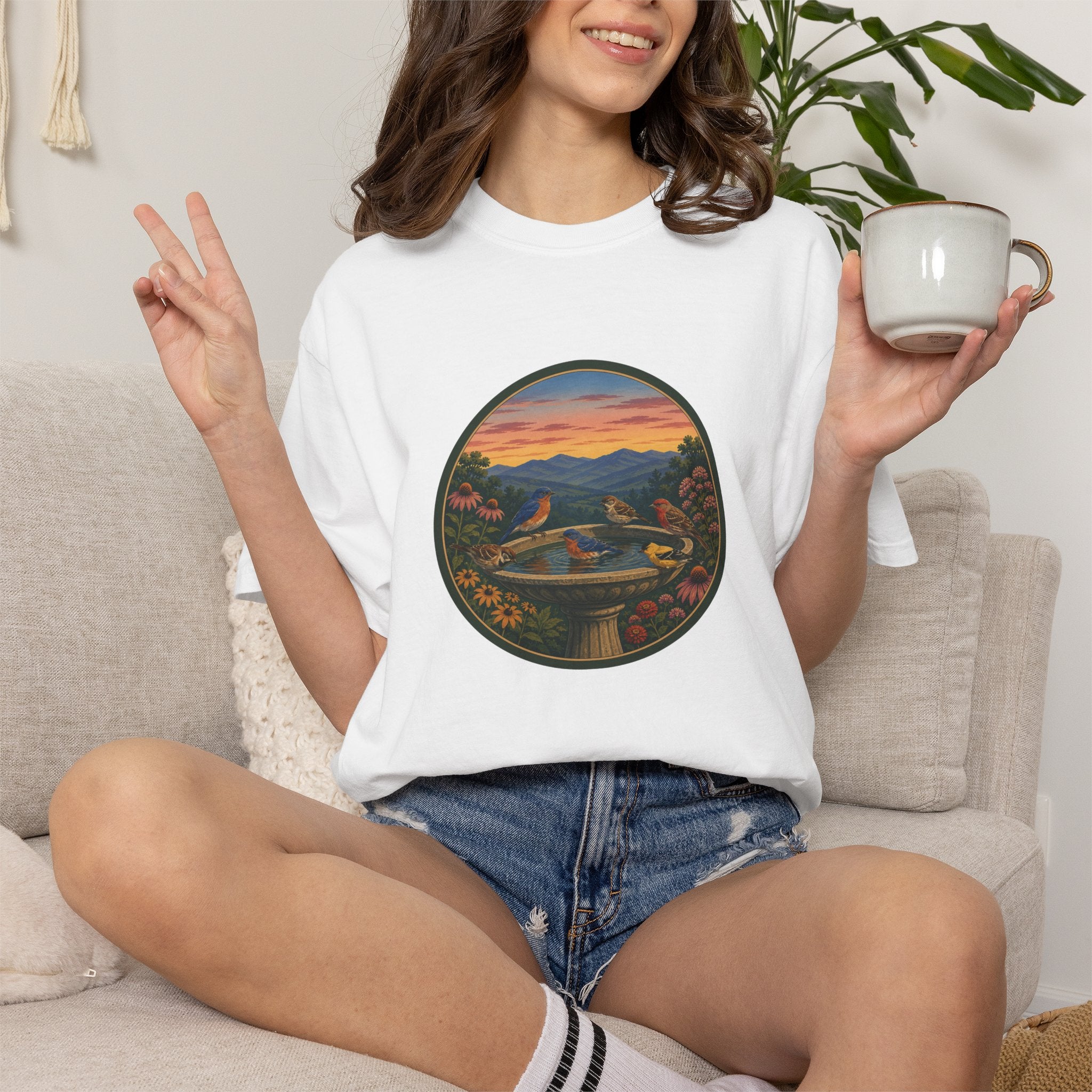 Sunset Garden Tee — Vintage Birdbath Landscape T-Shirt