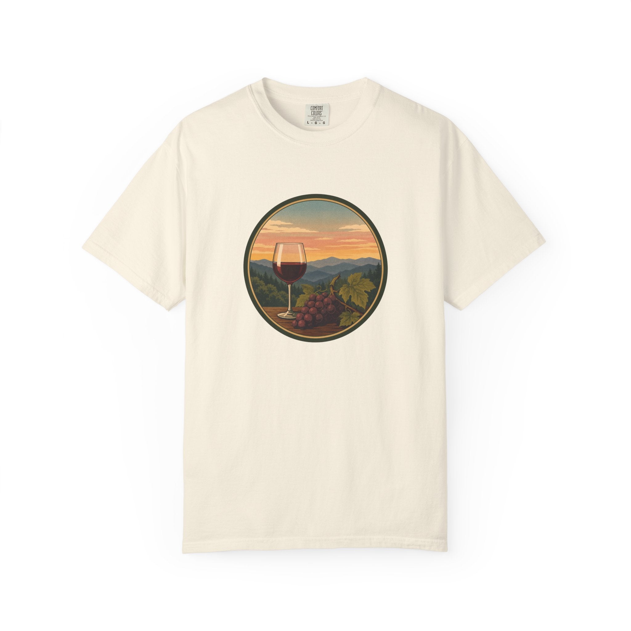 Wine Sunset T-Shirt — Vineyard Glass & Grapes Scenic Tee