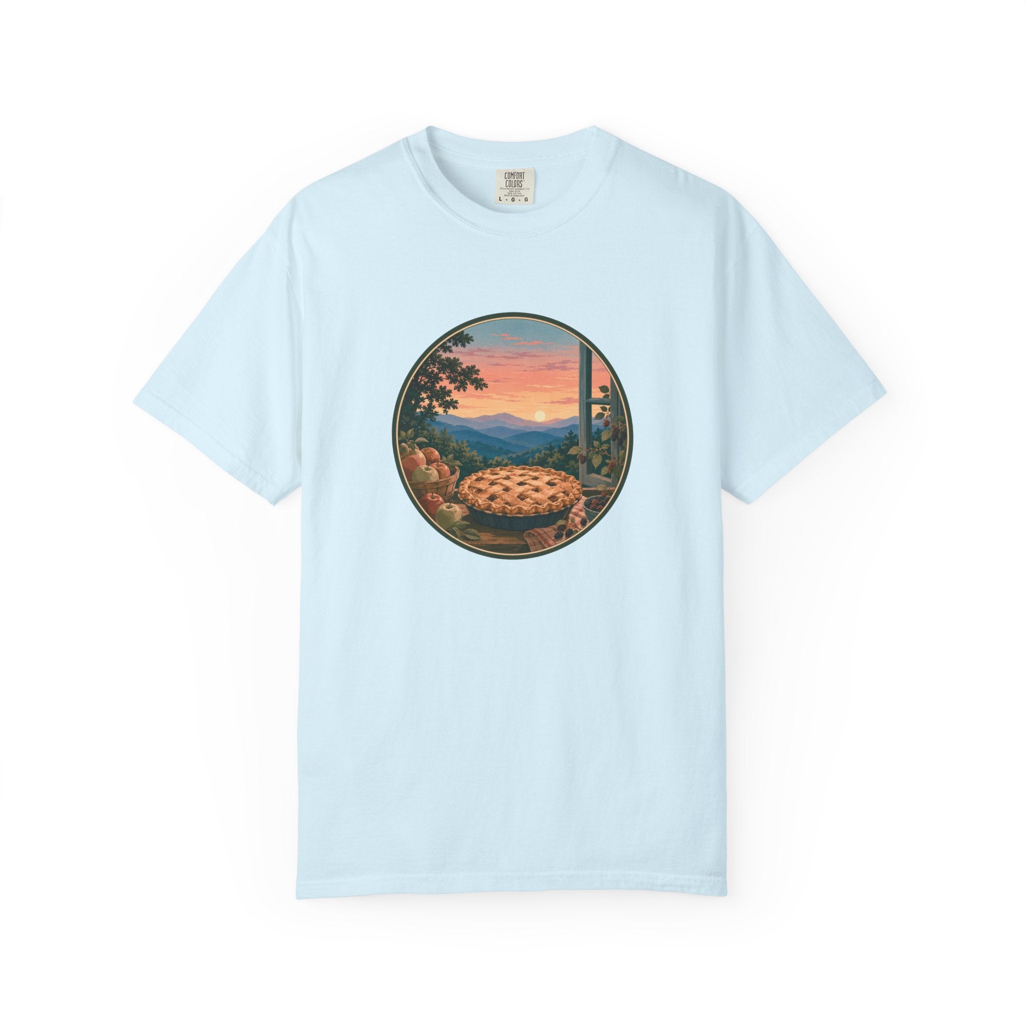 Scenic Pie Window T-Shirt — Sunset Mountain View Graphic Tee