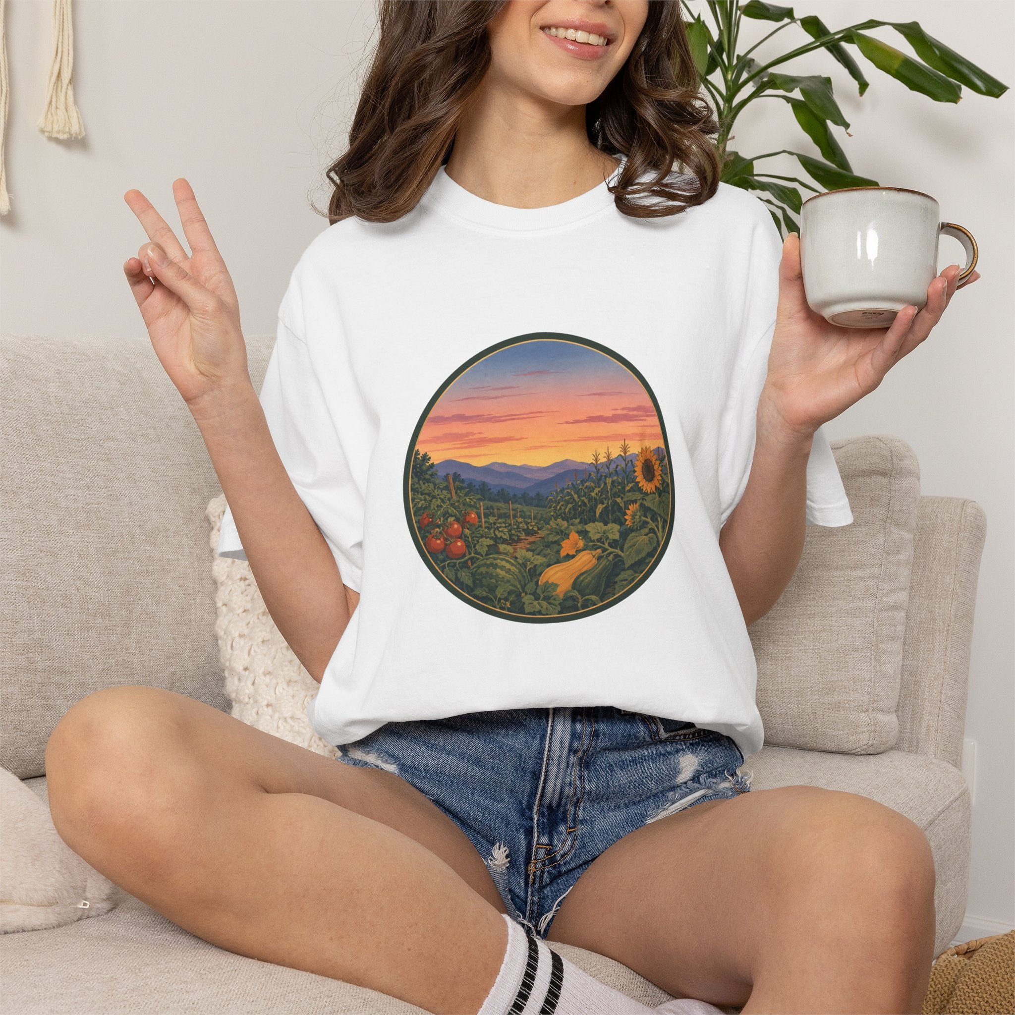 Sunset Mountain Garden T-Shirt — Scenic Fresh Vegetables Landscape Tee