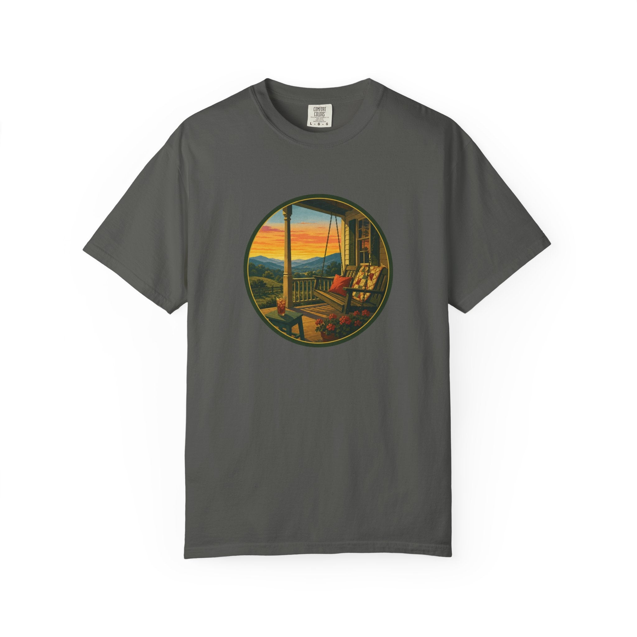Sunset Porch Circle T-Shirt — Scenic Porch Swing Graphic Tee