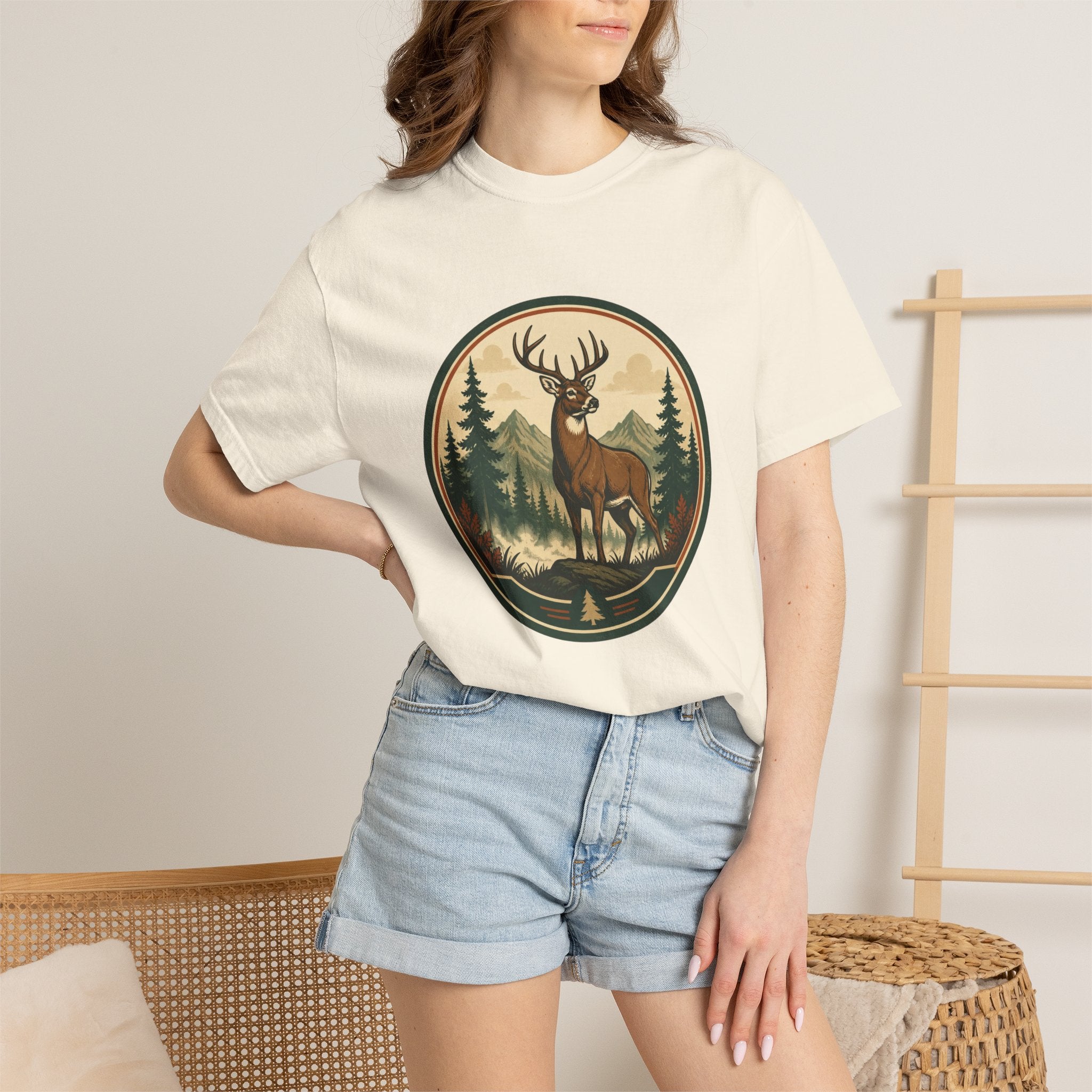 Deer Forest Badge T-Shirt – Vintage Outdoor Wildlife Graphic