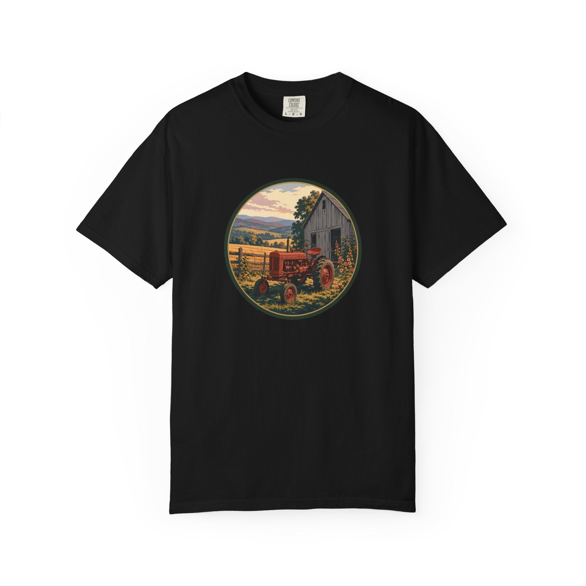 Vintage Farm Tractor T-Shirt — Rustic Barnyard Sunset Graphic Tee