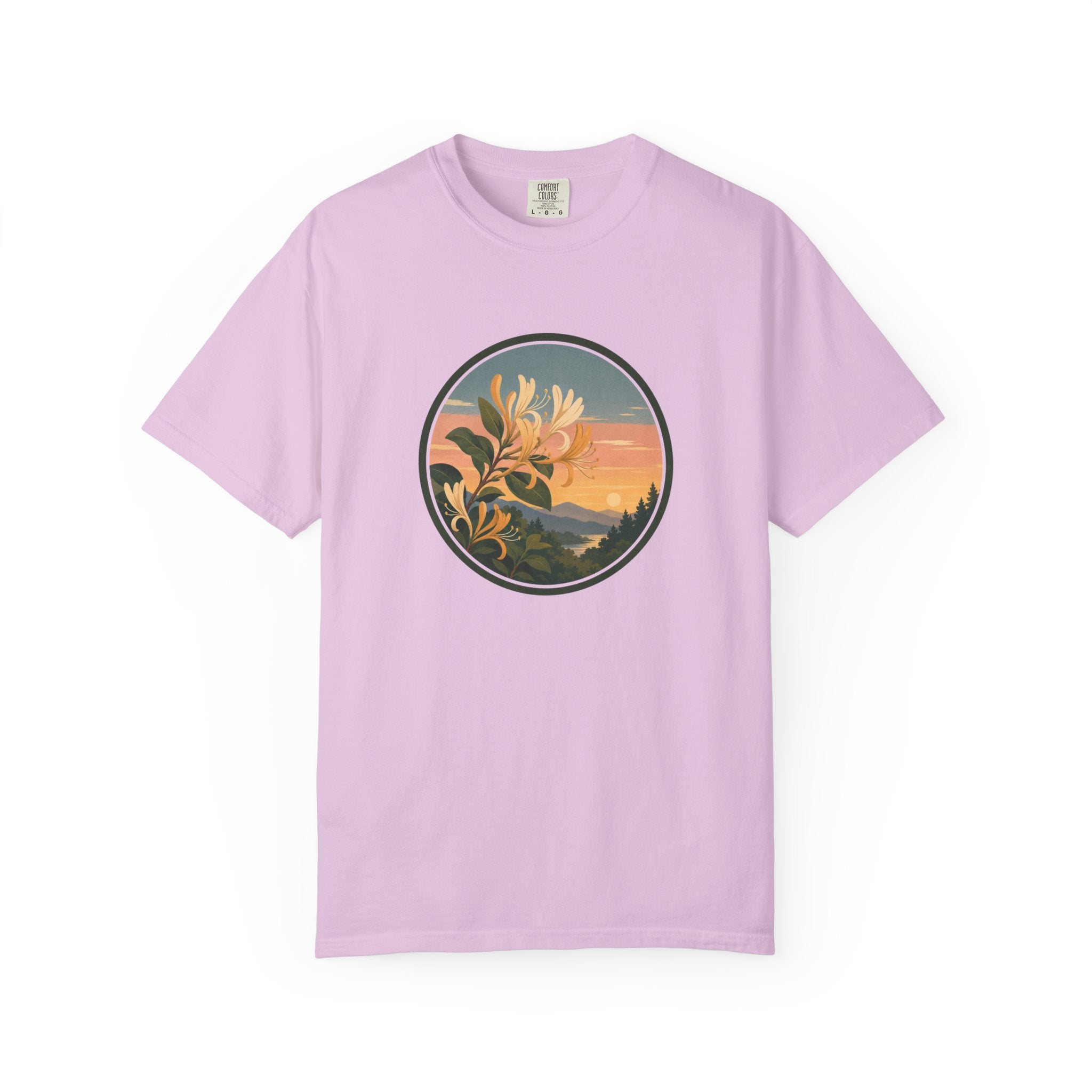 Sunset Honeysuckle T-Shirt — Floral Sunset Circle Graphic Tee