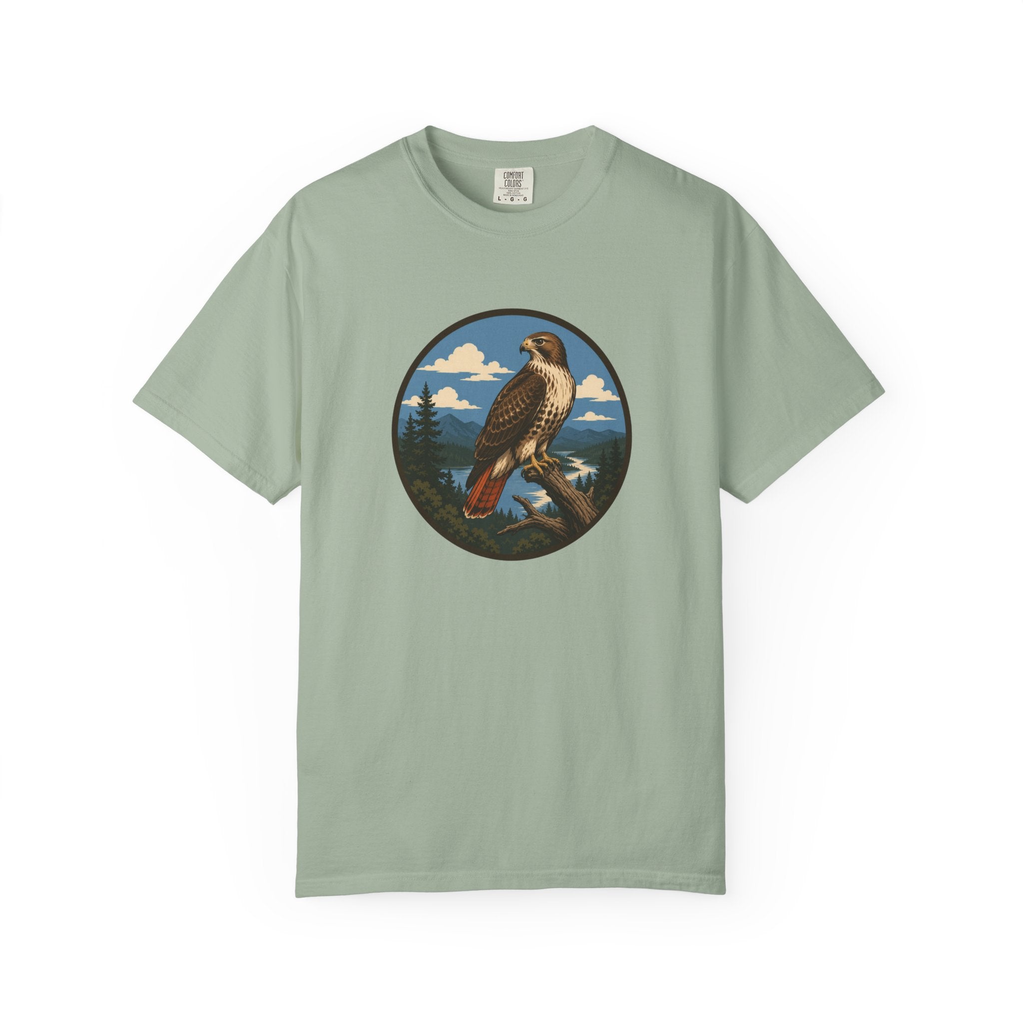 Red-Tail Hawk Mountain Circle T-Shirt — Vintage Hawk Nature Graphic Tee