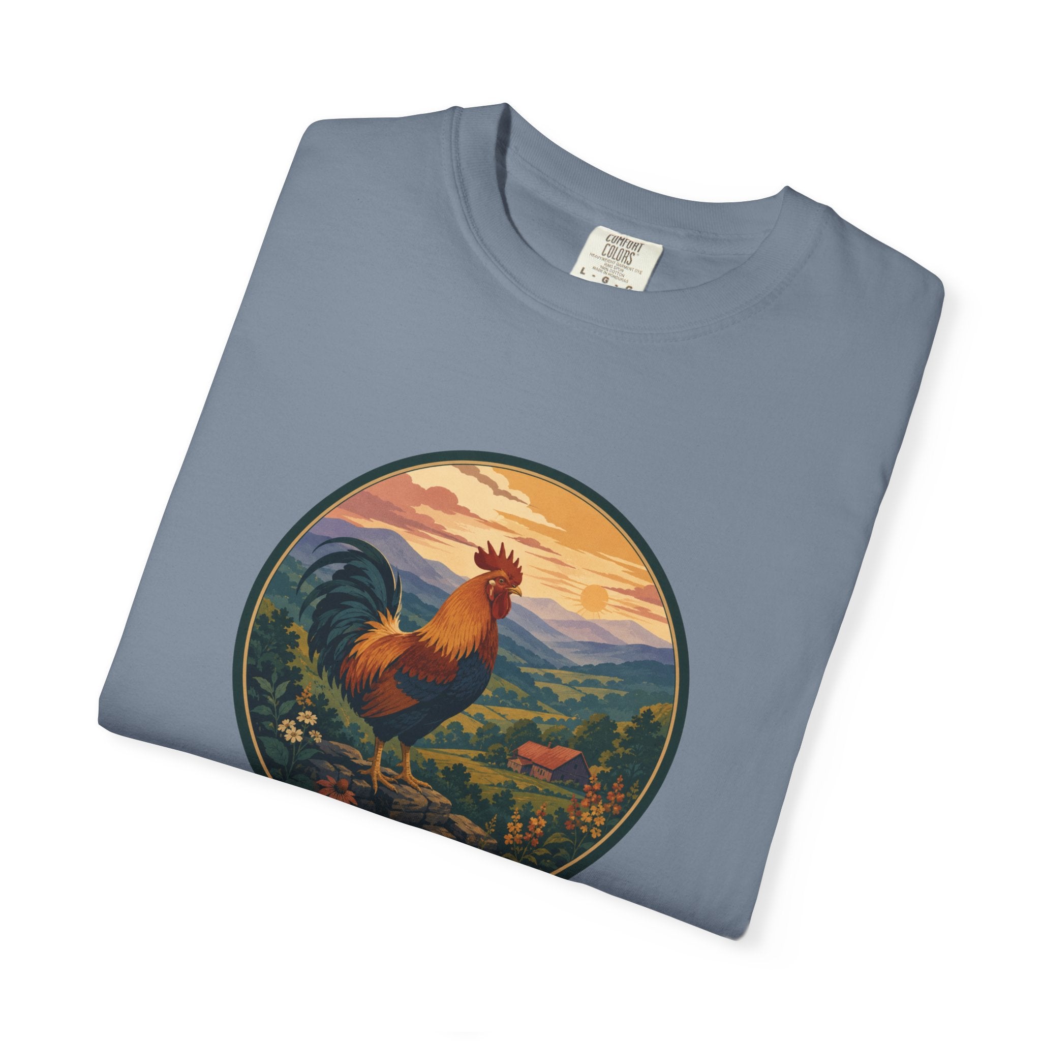 Blue Ridge Rooster Sunrise T-Shirt — Vintage Farm Scene Tee