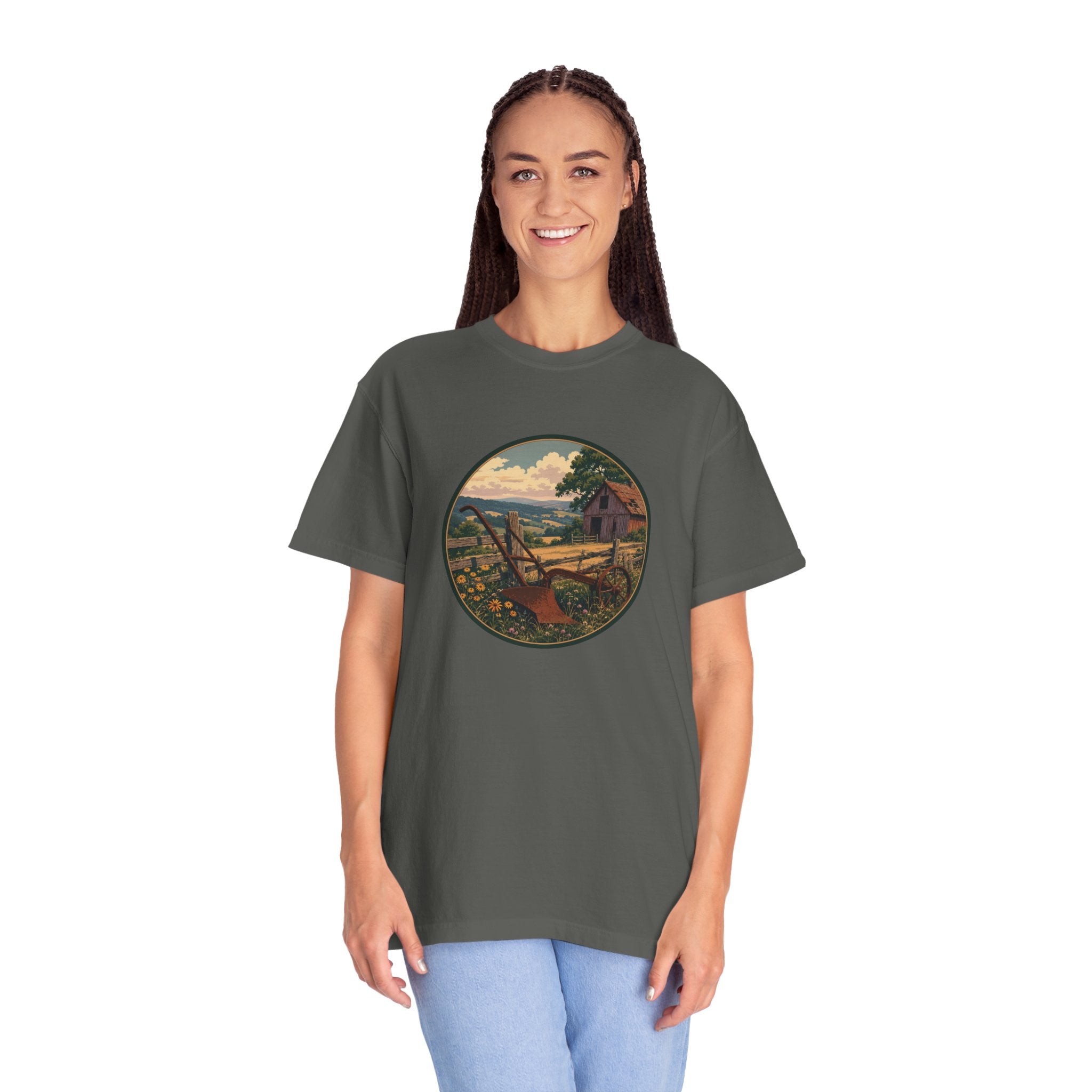 Vintage Countryside T-Shirt — Scenic Farm Landscape Graphic